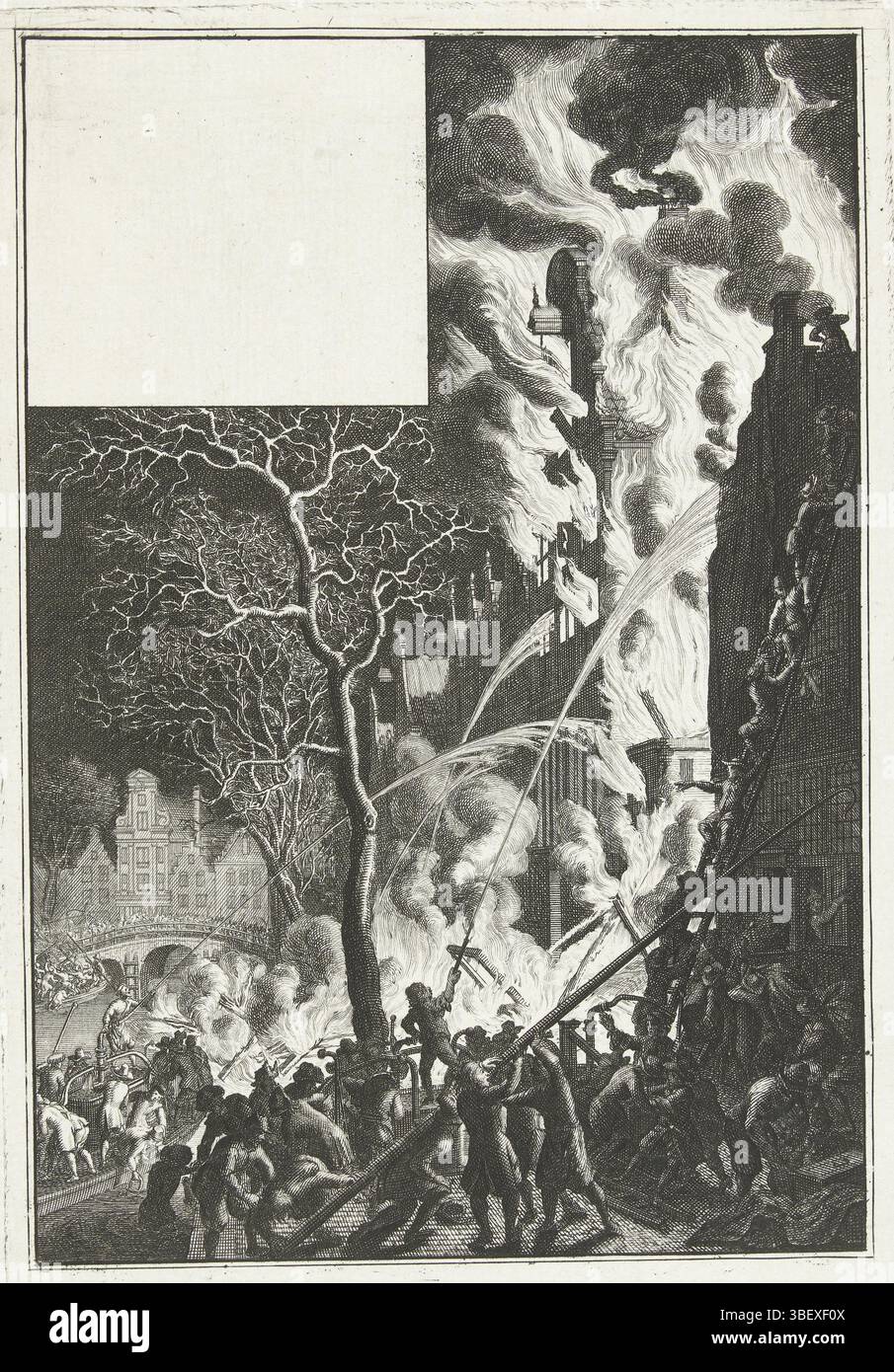 Heyden, Jan van der, Heyden, Noordelijke Nederlanden, Brand op de Lauriersgracht te Amsterdam, 1669, pays-Bas du Nord, lutte contre un incendie dans une boulangerie sucrière du Lauriergracht à Amsterdam avec de vieilles projections de feu et de l'eau du canal, 29 décembre 1669. Néanmoins, le bâtiment a brûlé complètement. Sur la droite, les meubles sont retirés d'un bâtiment adjacent. En haut à gauche un espace ouvert pour une inscription., impression, Frederik Muller Historyplates, hauteur 192 mm, largeur 133 mm, graveur, 1690 - 1699, quatrième quart 17e siècle, troisième quart 19e siècle, papier, gravure, concept de travail, 1637-03 Banque D'Images
