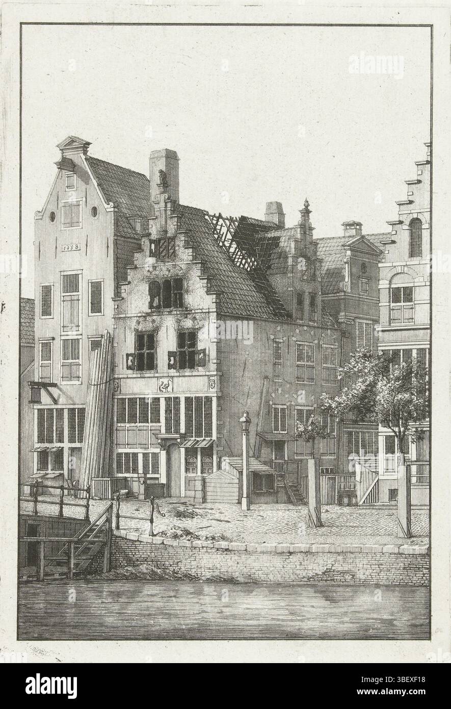Heyden, Jan van der, Noordelijke Nederlanden, maison incendiée sur un canal, vers 1690, Nord des pays-Bas, maison incendiée avec façade en escalier sur un canal à Amsterdam, vers 1690. La maison a une pierre de façade avec une cigogne ou une grue. Le bâtiment adjacent est daté de 1658. Une partie de l'oeuvre de Jan van der Heyden., estampe, Frederik Muller Historyplaten, hauteur 204 mm, largeur 140 mm, graveur, 1690 - 1699, quatrième quart 17e siècle, troisième quart 17e siècle, papier, gravure, 1637-03-05 - 1712-03-28, dramaturge intermédiaire, après dessin de, 1850 - 1863 Banque D'Images