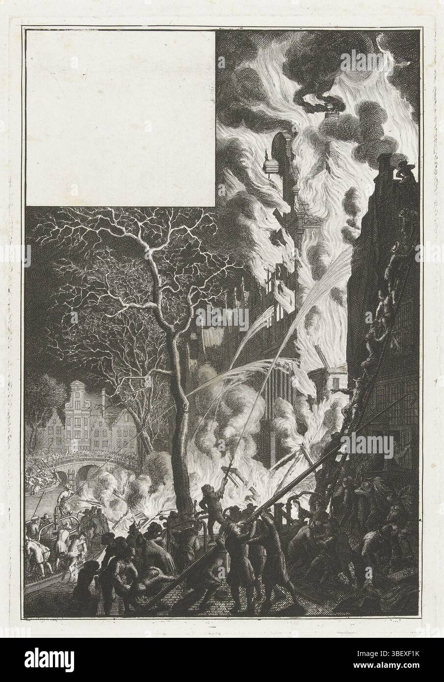 Heyden, Jan van der, Heyden, Noordelijke Nederlanden, Brand op de Lauriersgracht te Amsterdam, 1669, pays-Bas du Nord, lutte contre un incendie dans une boulangerie sucrière du Lauriergracht à Amsterdam avec de vieilles projections de feu et de l'eau du canal, 29 décembre 1669. Néanmoins, le bâtiment a brûlé complètement. Sur la droite, les meubles sont retirés d'un bâtiment adjacent. En haut à gauche un espace ouvert pour une inscription., estampe, plaques d'histoire Frederik Muller, hauteur 193 mm, largeur 133 mm, graveur, 1690 - 1699, quatrième quart 17e siècle, quatrième quart 19e siècle, papier, gravure, concept de travail, 1637- Banque D'Images