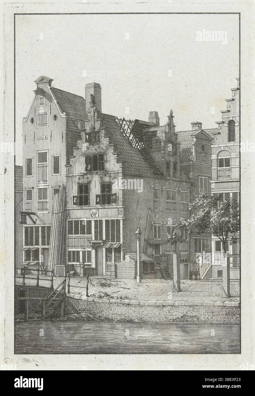 Heyden, Jan van der, Noordelijke Nederlanden, maison incendiée sur un canal, vers 1690, Nord des pays-Bas, maison incendiée avec façade en escalier sur un canal à Amsterdam, vers 1690. La maison a une pierre de façade avec une cigogne ou une grue. Le bâtiment adjacent est daté de 1658. Une partie de l'oeuvre de Jan van der Heyden., estampe, Frederik Muller plaques historiques, hauteur 206 mm, largeur 140 mm, graveur, 1690 - 1699, quatrième quart 17e siècle, quatrième quart 19e siècle, papier, gravure, 1637-03-05 - 1712-03-28, dramaturge intermédiaire, après dessin de, 1880 - 1882 Banque D'Images