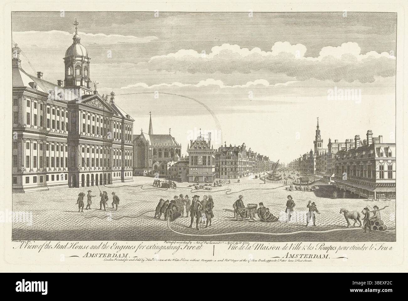 Londres, Sayer, Robert, Londres, Overton, Henry (I), England, vue de la Maison de ville & les pompes pour eteindre le feu a Amsterdam, A View of the City House and the Engines for Extingushing Fire at Amsterdam, démonstration des feux de tuyau à l'hôtel de ville sur le barrage, vers 1750, vers 1750. Depuis la façade, un jet d'eau est pulvérisé sur le barrage. Une partie de l'oeuvre de Jan van der Heyden., estampe, Frederik Muller Historyplaten, hauteur 262 mm, largeur 402 mm, graveur, 1752 - 1752, troisième quart 18e siècle, papier, gravure, publication (événement), publication, 1676 - 1751, éditeur, édition, Publicati Banque D'Images