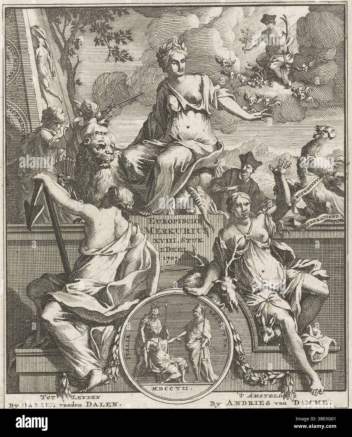 Amsterdam, Damme, Andries van, Leiden, Dalen, Daniel van den, Amsterdam, Sluyter, Pieter, page d'accueil de l'Europische Mercury pour l'année 1707, page d'accueil de l'Europische Mercury, dl. XVIII, première partie de 1707. Figure féminine allégorique (victoire ou honneur) assise sur un piédestal, à ses pieds le lion hollandais. Au premier plan de Hoop en de Goddess Diana ( ?) Sur un emblème d'Italia Restituta., impression, page de titre, estampes, Frederik Muller plaques historiques, hauteur 165 mm, largeur 140 mm, Noord-Nederlands, 1675 - 1733, graveur, 1707 - 1707, papier, gravure, gravure, gravure (processus d'impression), Publ Banque D'Images