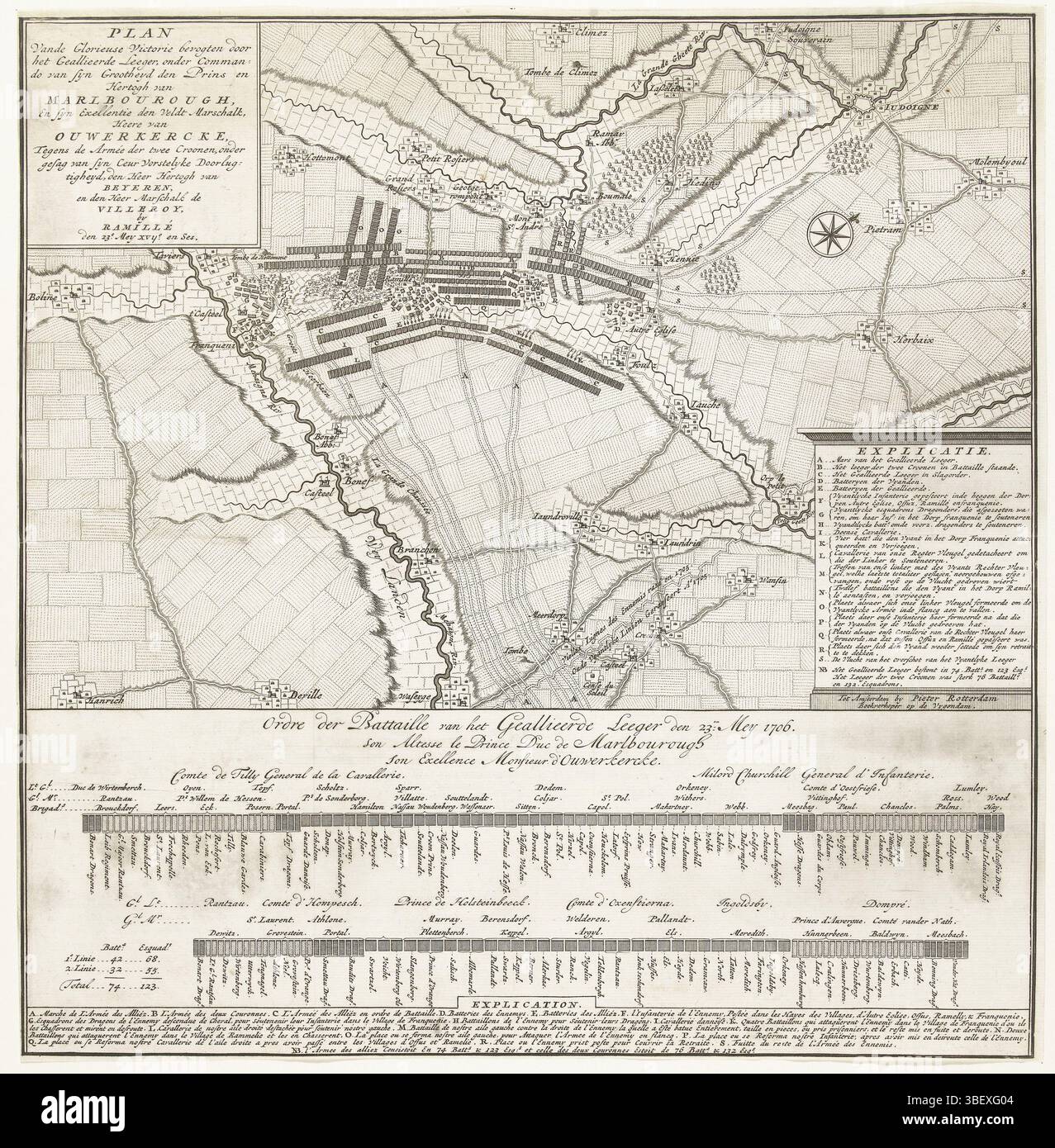 Amsterdam, Rotterdam, Pieter, Noordelijke Nederlanden, Plan Van de glorieuse Victorie bevoegd Door het Alliedeerde Leeger, sous le commandement du Commando van syn Grootheidden Prins en Hertogh van Marlborough de Ramillé den 23e Mey xvyc. en ses, bataille de Ramillies, 1706, Amsterdam, pays-Bas du Nord, carte de la bataille de Ramillies entre les Alliés sous le duc de Marlborough et le seigneur d'Ouwerkerk et les Français et les Espagnols sous l'électeur de Bavière et le duc de Villeroy, 23 mai 1706. En vertu du plan l'ordre de bataille des troupes alliées., print, map, prints, Frederik Muller History plates, h Banque D'Images