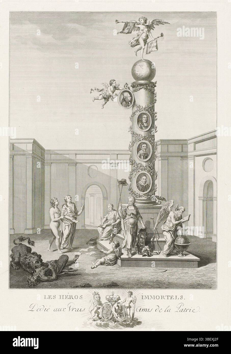 Rotterdam, Sallieth, Mathias de, Noordelijke Nederlanden, les héros Immortels, immortal Heroes, 1787, Rotterdam, pays-Bas du Nord, verso - estampillé, Allegorie op het reparatie van Stadholder Willem V en 1787. Erezuil avec les portraits de Willem van Oranje, Frederik Hendrik et Willem III et au-dessus duquel est accroché le portrait de Willem V. Au sommet de la colonne, Faam souffle la trompette. A la base du pilier, la vérité a dessiné le bandeau des yeux de la République, la liberté supplémentaire, Wilhelmina de Prusse comme Minerve et Père temps. Sur la gauche, le Lion hollandais déchire le Tijdschrift. I Banque D'Images