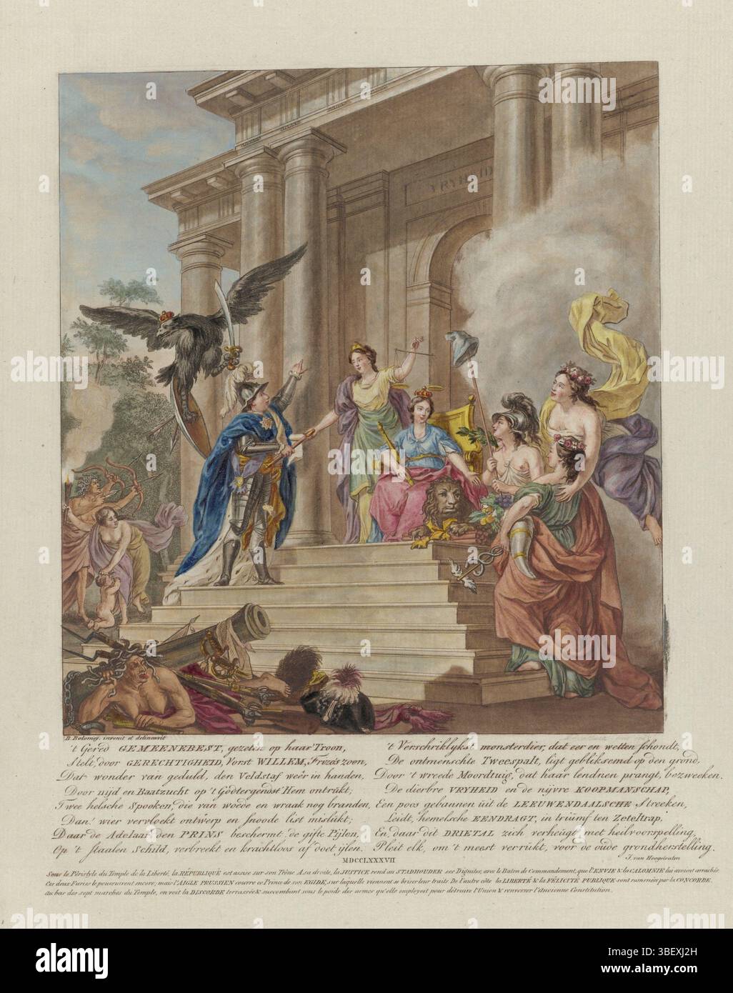 Hoogstraten, Johan van, Bolomey, Benjamin Samuel, Rotterdam, Sallieth, Mathias de, Allegorie sur la restauration du stadholder Willem V, 1787, verso - estampillé, Allegorie sur la restauration du stadholder Willem V en 1787. Le prince monte les marches du temple de la liberté et, sous la protection de l'aigle prussien, reçoit l'état-major des mains de la Justice. Community Best est assis sur son trône à côté du Lion hollandais, Right Freedom, Koopmanschap et Eendracht. Au premier plan se trouvent les rapports des Gémeaux entre armes et chapeaux d'un patriote. Sous la représentation un verset Banque D'Images