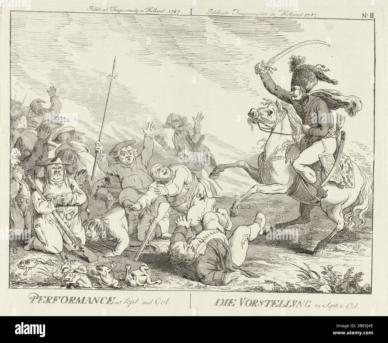 Angleterre, Ramberg, Johann Heinrich, tragicomédie politique en Hollande. 1787, mode politique tragique en Hollande. 1787, performance in sept and Oct., Die Vorstellvng in Sept. U. Oct., de Voorstelling, England, verso - estampillé, les tireurs patriotes néerlandais combattent par terre, suppliant pour la miséricorde et fuient comme un vrai husaar prussien apparaît à cheval avec un sabre dessiné. Les grenouilles tombent aussi et fuient. Partie d'un groupe de quatre caricatures sur les patriotes au moment de l'invasion prussienne en octobre 1787. Répétez la version originale mais maintenant avec des inscriptions en anglais et en allemand. Voir aussi la poignée de commande et le Banque D'Images Angleterre, Ramberg, Johann Heinrich, tragicomédie politique en Hollande. 1787, mode politique tragique en Hollande. 1787, performance in sept and Oct., Die Vorstellvng in Sept. U. Oct., de Voorstelling, England, verso - estampillé, les tireurs patriotes néerlandais combattent par terre, suppliant pour la miséricorde et fuient comme un vrai husaar prussien apparaît à cheval avec un sabre dessiné. Les grenouilles tombent aussi et fuient. Partie d'un groupe de quatre caricatures sur les patriotes au moment de l'invasion prussienne en octobre 1787. Répétez la version originale mais maintenant avec des inscriptions en anglais et en allemand. Voir aussi la poignée de commande et le Banque D'Images