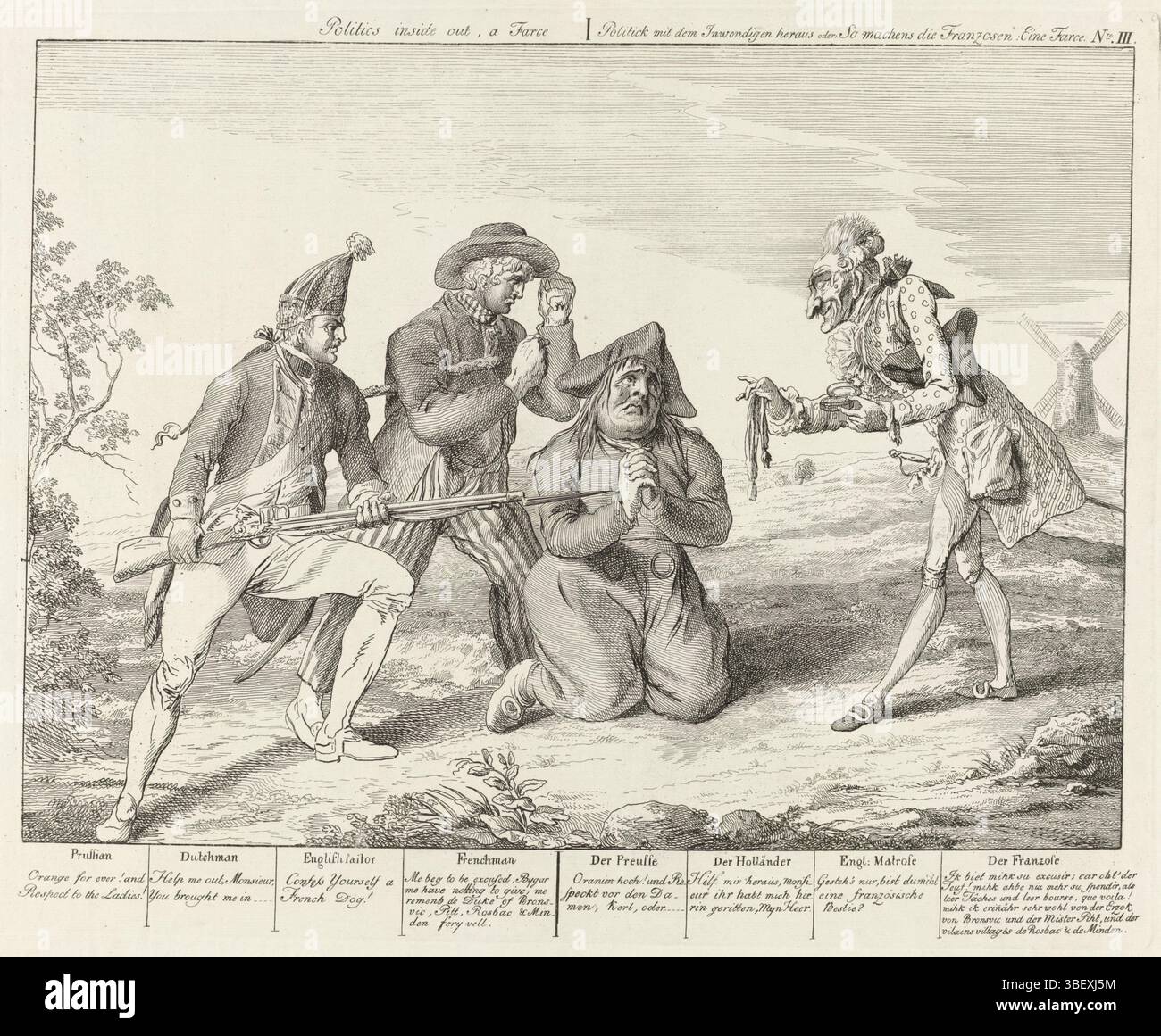 Angleterre, Ramberg, Johann Heinrich, tragicomédie politique en Hollande. 1787, mode politique tragique en Hollande. 1787, Politick mit dem Internaln Heraus oder : SO machens die Franzosen : eine farce, a Politick mit dem Internaln Heraus oder : a Politick, a Politick Inside out, a Politick mit dem Internaln Heraus oder : SO machens die Franzosen : eine farce, a Political farce, Cependant, le Français lui montre sa bourse vide. Sur la gauche se trouvent un soldat prussien et un marin anglais. Dans la légende les textes des quatre personnages principaux. Partie d'un groupe de quatre caricatures sur les patriotes au moment de l'invasion prussienne en octobre Banque D'Images Angleterre, Ramberg, Johann Heinrich, tragicomédie politique en Hollande. 1787, mode politique tragique en Hollande. 1787, Politick mit dem Internaln Heraus oder : SO machens die Franzosen : eine farce, a Politick mit dem Internaln Heraus oder : a Politick, a Politick Inside out, a Politick mit dem Internaln Heraus oder : SO machens die Franzosen : eine farce, a Political farce, Cependant, le Français lui montre sa bourse vide. Sur la gauche se trouvent un soldat prussien et un marin anglais. Dans la légende les textes des quatre personnages principaux. Partie d'un groupe de quatre caricatures sur les patriotes au moment de l'invasion prussienne en octobre Banque D'Images