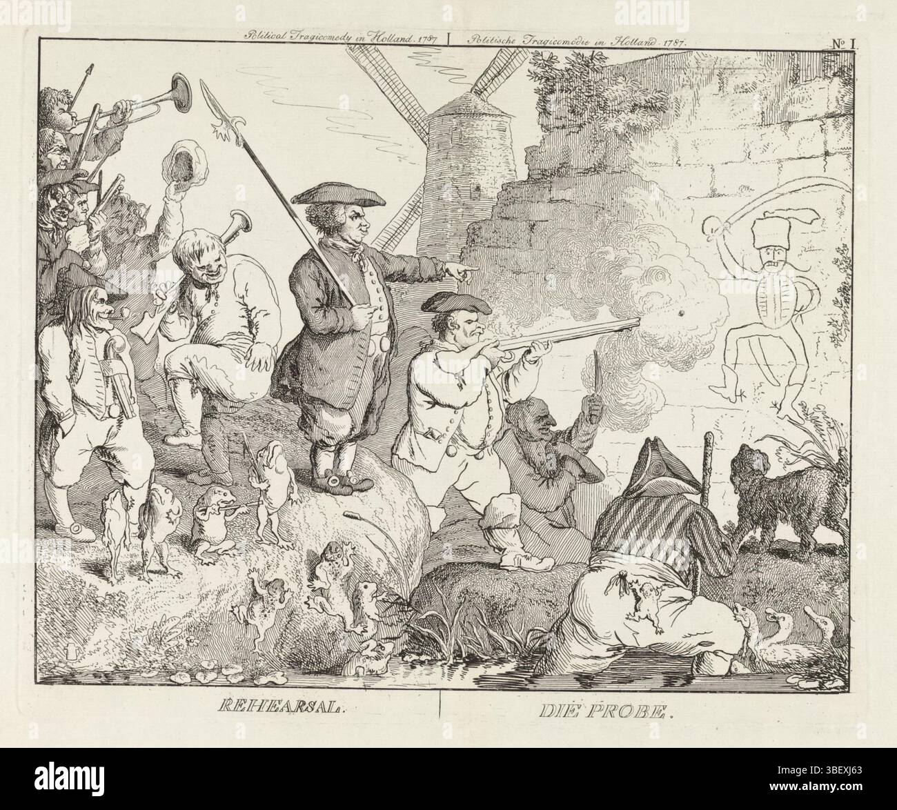 Angleterre, Ramberg, Johann Heinrich, tragicomédie politique en Hollande. 1787, mode politique tragique en Hollande. 1787, répétition, Die Probe, la répétition, Angleterre, timbrés verso, les tireurs patriotes hollandais pratiquent le tir sur la figure d'un huzar prussien en colère dessiné sur un mur, à l'hilarité des personnes impliquées et des spectateurs. Les grenouilles rampent hors du fossé et participent à l'exercice. Partie d'un groupe de quatre caricatures sur les patriotes au moment de l'invasion prussienne en octobre 1787. Répétez la version originale mais maintenant avec des inscriptions en anglais et en allemand. Voir aussi le pendentif et le Corr Banque D'Images Angleterre, Ramberg, Johann Heinrich, tragicomédie politique en Hollande. 1787, mode politique tragique en Hollande. 1787, répétition, Die Probe, la répétition, Angleterre, timbrés verso, les tireurs patriotes hollandais pratiquent le tir sur la figure d'un huzar prussien en colère dessiné sur un mur, à l'hilarité des personnes impliquées et des spectateurs. Les grenouilles rampent hors du fossé et participent à l'exercice. Partie d'un groupe de quatre caricatures sur les patriotes au moment de l'invasion prussienne en octobre 1787. Répétez la version originale mais maintenant avec des inscriptions en anglais et en allemand. Voir aussi le pendentif et le Corr Banque D'Images