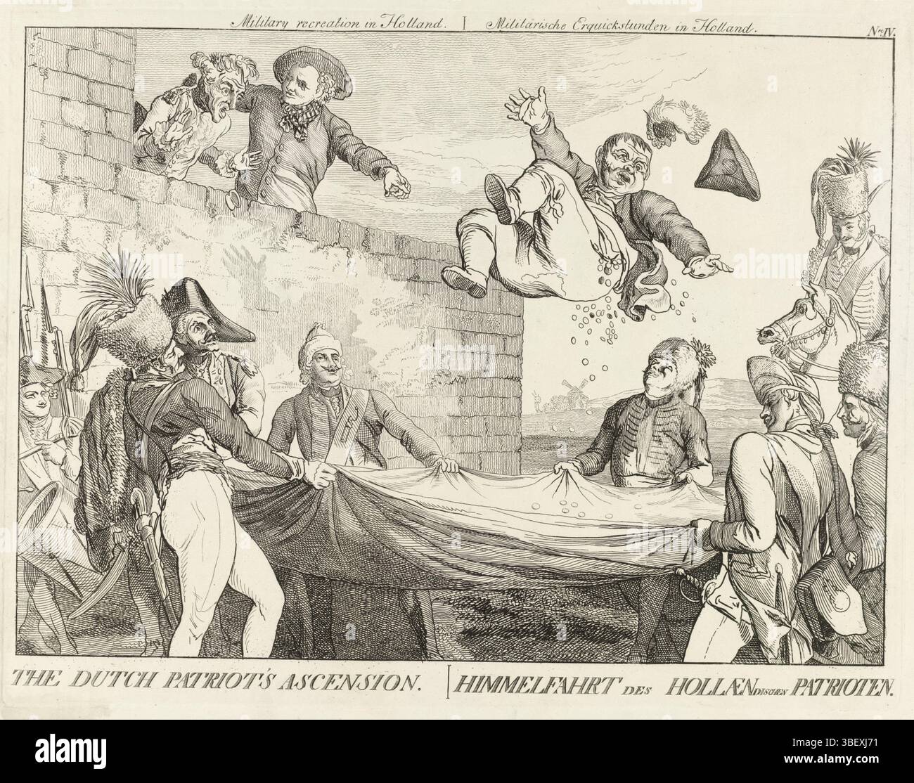 Angleterre, Ramberg, Johann Heinrich, tragicomédie politique en Hollande. 1787, mode politique tragique en Hollande. 1787, l'ascension du patriote néerlandais, Himmelfahrt des Hollaendischen Patriotten, récréation militaire en Hollande, Militärische Erquickstunden en Hollande, ascension du patriote, Angleterre, vero - estampillé, Un patriote néerlandais est jeté en l'air par des soldats prussiens dans une couverture, ce qui fait voler les pièces de monnaie de ses poches. En haut à gauche, un marin anglais force le Français à regarder. Pastiche sur une illustration d'un épisode des aventures de Don Quichotte et Sancho Panza. Partie d'un groupe de Banque D'Images Angleterre, Ramberg, Johann Heinrich, tragicomédie politique en Hollande. 1787, mode politique tragique en Hollande. 1787, l'ascension du patriote néerlandais, Himmelfahrt des Hollaendischen Patriotten, récréation militaire en Hollande, Militärische Erquickstunden en Hollande, ascension du patriote, Angleterre, vero - estampillé, Un patriote néerlandais est jeté en l'air par des soldats prussiens dans une couverture, ce qui fait voler les pièces de monnaie de ses poches. En haut à gauche, un marin anglais force le Français à regarder. Pastiche sur une illustration d'un épisode des aventures de Don Quichotte et Sancho Panza. Partie d'un groupe de Banque D'Images