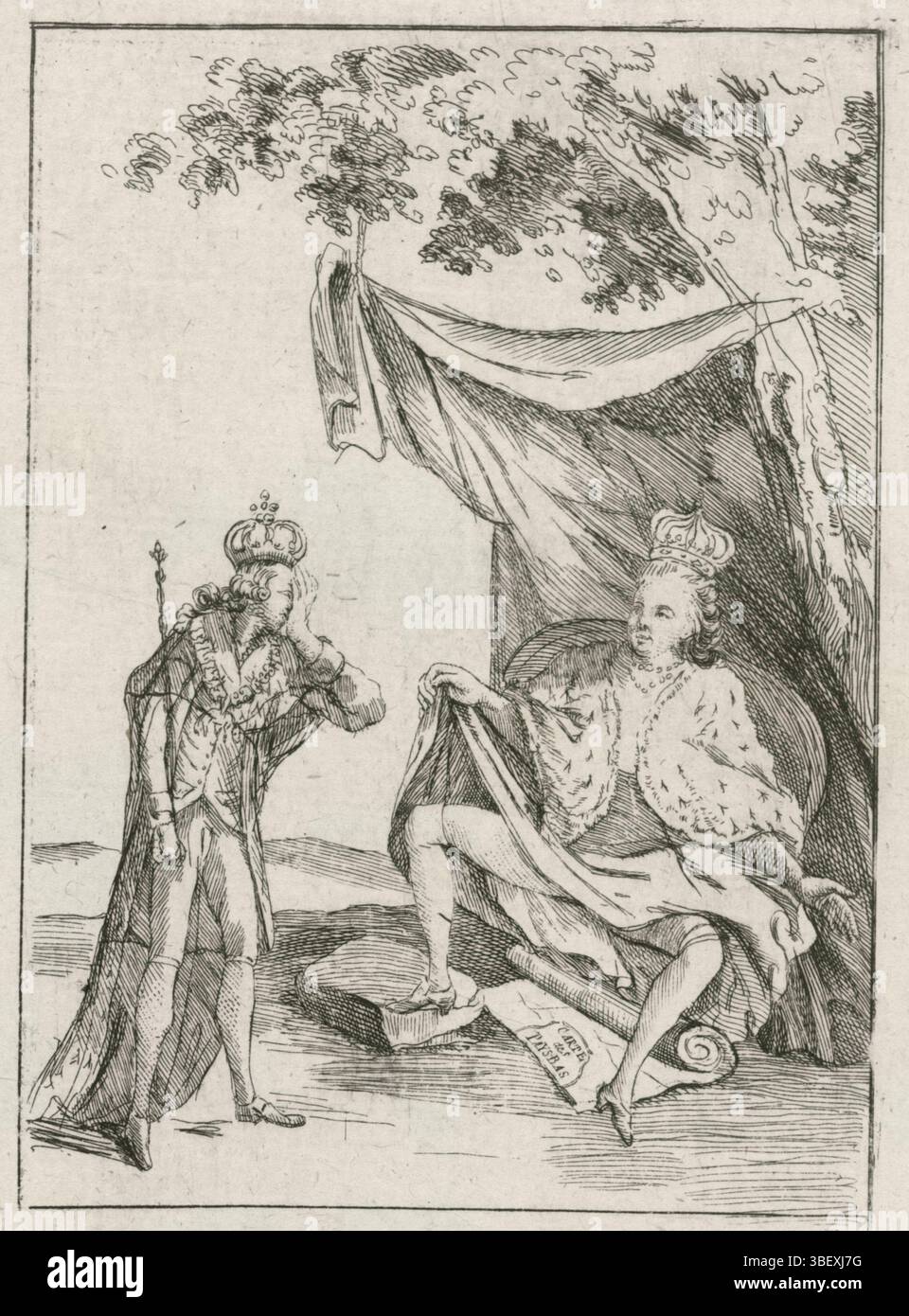 Pays-Bas du Sud, Brabantse Overtelling, 1787-1790, Catharina la Grande étend ses jambes pour Joseph II, pays-Bas du Sud, verso - estampillé, l'empereur Joseph II se plaint de son sort et cherche ses terres perdues. L'impératrice russe Catherine II étend ses jambes et demande à Joseph de regarder sous ses jupes, où se trouve une carte du pays-Bas. Dans la légende un verset de 9 lignes. Inscriptions françaises. Partie d'un grand groupe d'estampes liées aux événements du retournement du Brabant et de la période 1787-1790., estampe, plaques d'histoire Frederik Muller, hauteur 193 mm, largeur 105 mm, graveur, 1787 - 1790, papier, e Banque D'Images