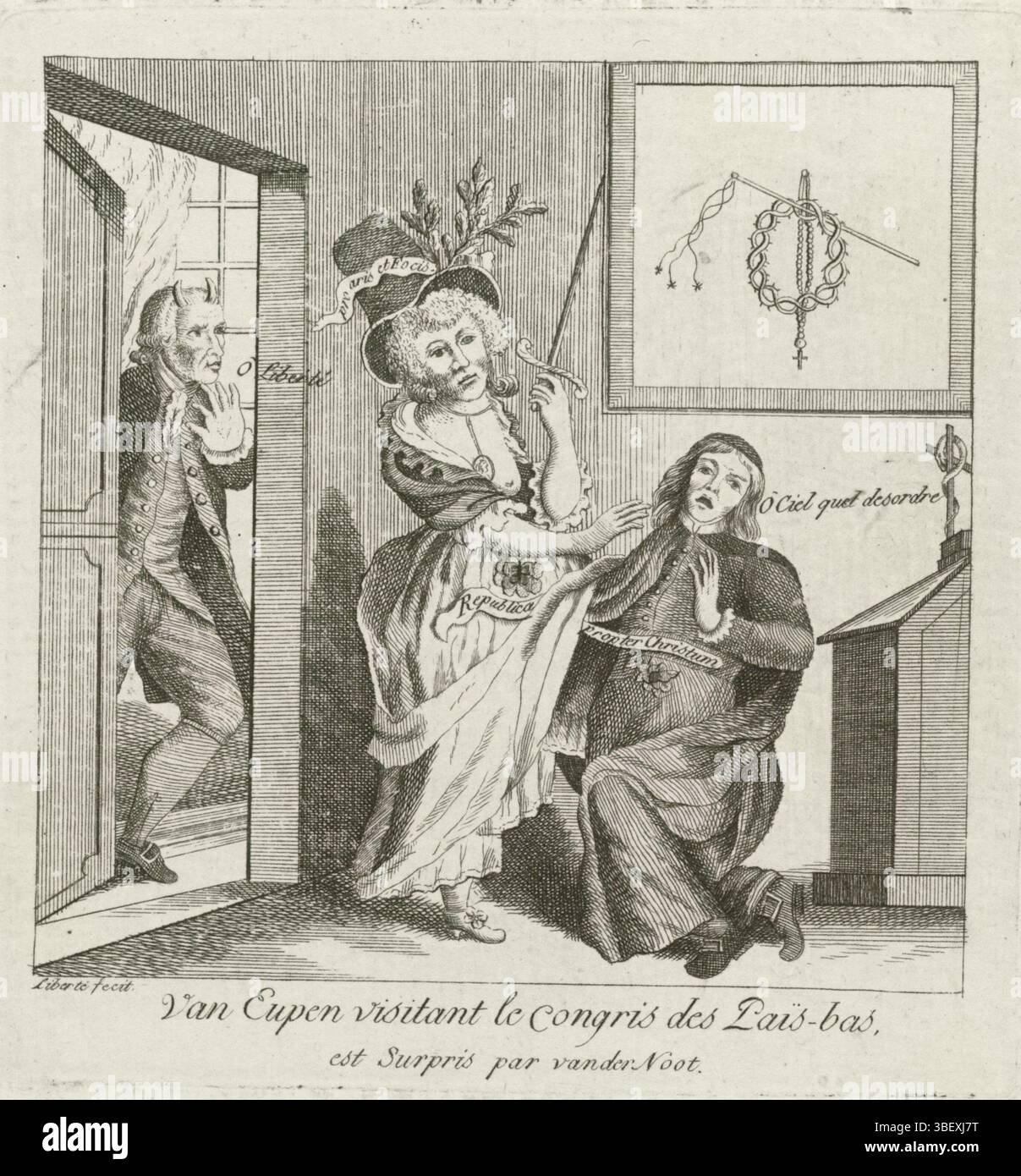 Pays-Bas du Sud, Brabant Omvertelling, 1787-1790, par Eupen visitant le Congris des Païs-bas, est surpris par vanderNoot, Van Eupen attrapé par Van der Noot, pays-Bas du Sud, verso - estampillé, Spotprent on the leaders of the Brabant Revolution, Petrus van Eupen et Hendrik van der Noot. Van der Noot en tant que cuckolder (le mari trompé) attrape le prêtre d'Eupen avec sa main sous les jupes de la femme Republica. La date du 23 janvier 1791 était manuscrite. Partie d'un grand groupe de gravures liées aux événements du retournement du Brabant et de la période 1787-1790., estampes, dessins animés, estampes, Banque D'Images
