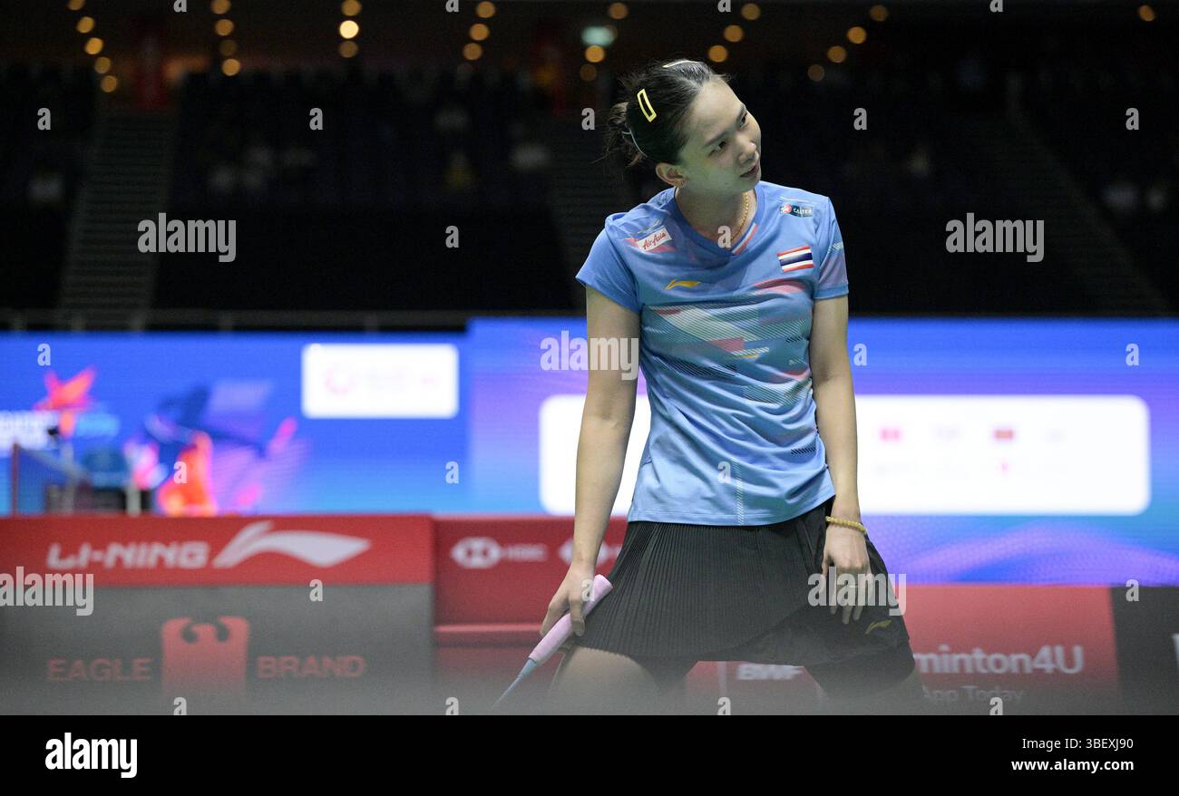 Singapour. 30 mai 2025. Pornpawee Chochuwong réagit lors du match de quart de finale féminin entre Wang Zhiyi de Chine et Pornpawee Chochuwong de Thaïlande au Badminton Open de Singapour 2025 à Singapour, le 30 mai 2025. Credit : puis Chih Wey/Xinhua/Alamy Live News Banque D'Images