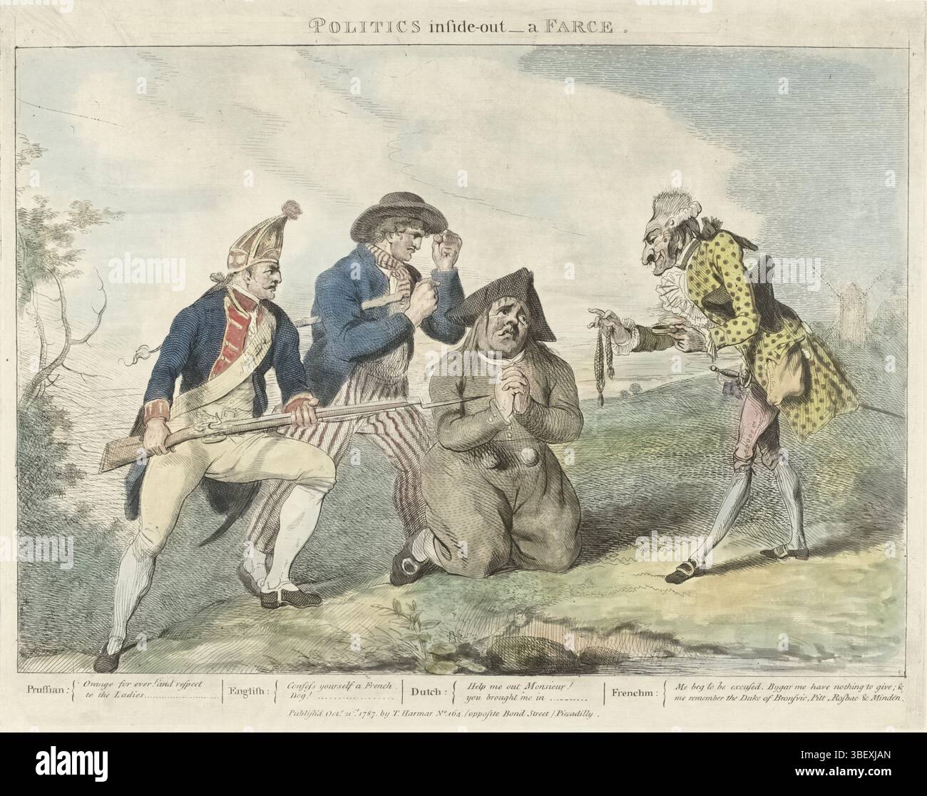 Londres, Harmar, Thomas, Angleterre, Ramberg, Johann Heinrich, quatre caricatures anglaises sur les Patriotes en 1787, la politique à l'envers - une farce, Une farce politique, Londres, verso - estampillé, Un patriote néerlandais s'agenouille sur le sol et supplie un Français de l'aide. Cependant, le Français lui montre sa bourse vide. Sur la gauche se trouvent un soldat prussien et un marin anglais. Dans la légende les textes des quatre personnages principaux. Partie d'un groupe de quatre caricatures sur les patriotes au moment de l'invasion prussienne en octobre 1787. La version originale anglaise de l'inscription publiée à Londres. Voir aussi le pendan Banque D'Images Londres, Harmar, Thomas, Angleterre, Ramberg, Johann Heinrich, quatre caricatures anglaises sur les Patriotes en 1787, la politique à l'envers - une farce, Une farce politique, Londres, verso - estampillé, Un patriote néerlandais s'agenouille sur le sol et supplie un Français de l'aide. Cependant, le Français lui montre sa bourse vide. Sur la gauche se trouvent un soldat prussien et un marin anglais. Dans la légende les textes des quatre personnages principaux. Partie d'un groupe de quatre caricatures sur les patriotes au moment de l'invasion prussienne en octobre 1787. La version originale anglaise de l'inscription publiée à Londres. Voir aussi le pendan Banque D'Images