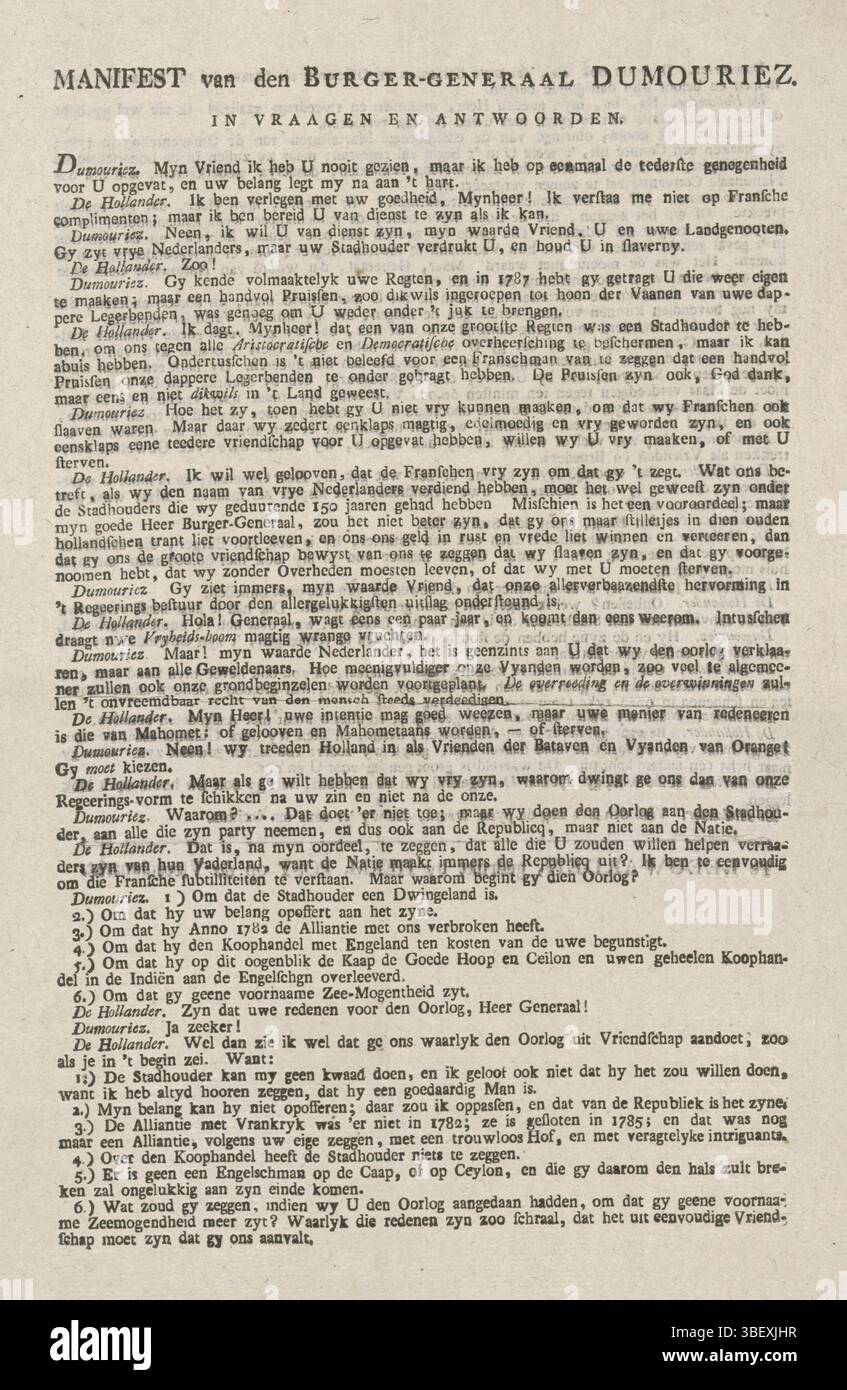 Leeuwarden, Post, Harmen, Manifest van den Burger-General Dumauriez. Dans questions et réponses, consensus entre Dumauriez et Hollander, 1793, vero - estampillé, feuille de texte imprimée des deux côtés avec une communication entre le général français Charles François Dumauriez et le Hollandais. Après son départ des pays-Bas en 1793., feuille de texte, estampes, plaques d'histoire Frederik Muller, hauteur 332 mm, largeur 215 mm, néerlandais, imprimante, 1793 - 1793, papier, typographie, livret Banque D'Images