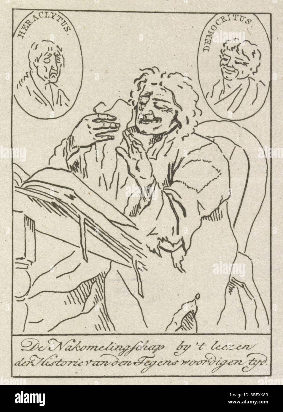 Pays-Bas, Woensel, Pieter van, de Nakomelingschap by 't lezen der Historie van den verdigen tyd, Dekomeling lisant l'histoire du présent, 1796, pays-Bas, verso - estampillé, Spotprent d'un homme (notre progéniture) qui, lisant l'histoire du présent, doit pleurer et rire, 1796. Top deux médaillons avec Héraclite et Démocrite., impression, illustration de livre, dessin animé, estampes, Frederik Muller plaques historiques, hauteur 120 mm, largeur 89 mm, Néerlandais, 1747-01-10 - 1808-04-21, graveur, 1795 - 1796, papier, gravure, gravure Banque D'Images