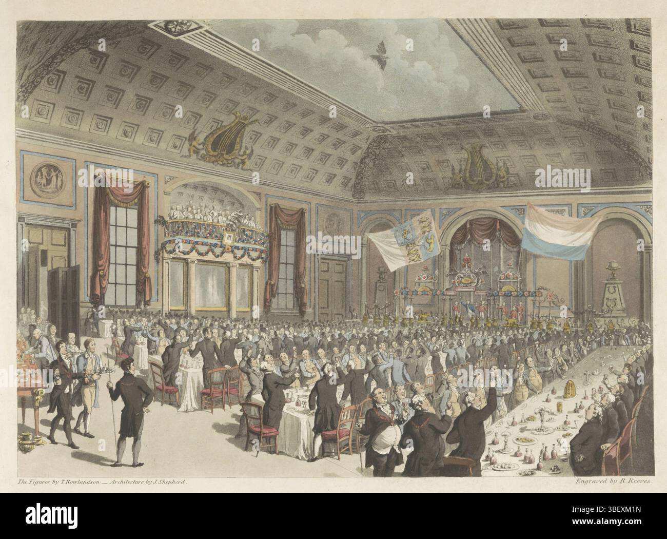 Londres, Ackermann, Rudolph, Shepherd, J., Rowlandson, Thomas, Angleterre, Reeves, R., dîner patriotique. Représentation du héros de la réunion à la City of London Tavern, le mardi 14 décembre 1813, Patriotic Maaltyd. Image du Byeenkomst tenu dans l'Hôtel appelé la City de Londres, le 14 décembre, pour célébrer l'événement Heugly du Bevryding de Hollande sous le Dwingelandy du Tyran français, repas patriotique à Londres, Londres, verso - estampillé, visage sur le banquet festif tenu dans le grand hall de la City of London Tavern le 14 décembre 1813 pour célébrer la libération du N. Banque D'Images