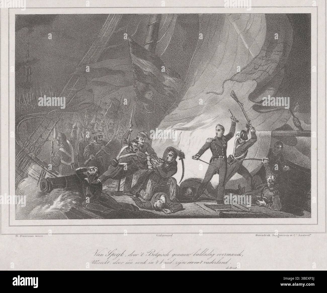 Nederland, Breet, de, Nederland, Desguerrois & Co, Pieneman, Nicolaas, 5 février 1831. Van Speijk, by 't Belgische graauw baldig overmand, Wreekt, dor een vonk in 't Herb, zijne hoor en 't naderland, Kanonneerboot 2 van Jan van Speijk overmandeld, 1831, Netherlands, gedrukt, de canonneerboot van Jan van Speijk overmandeld door Belgische Insurgenten. Jan van Speijk se tient debout avec un pistolet levé à l'escalier de la cabine, 5 février 1831., impression, plaques d'histoire Frederik Muller, verso - estampillé, hauteur 253 mm, largeur 298 mm, concept de travail, néerlandais, 1809-01-01 - 1860-12-30, après conception de, 1831 - 1831, menton Banque D'Images