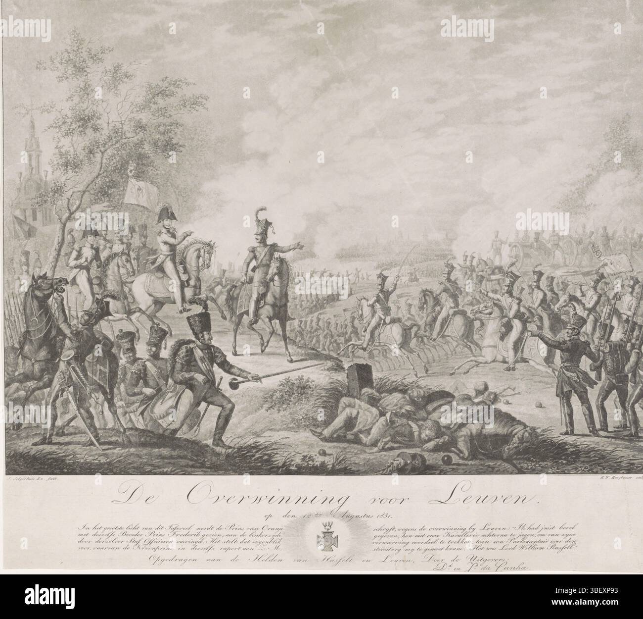 Amsterdam, Arum, Frères des pays-Bas, Cunha, DD et JB da, pays-Bas, Jelhuis, Johannes, Hoogkamer, Willem Hendrik, de Overwinning voor Leuven. Le 12 août 1831, bataille de Louvain, 1831, Amsterdam, verso - estampillé, 12 août 1831. Le Prince d'Orange et le Prince Frederik avec leur personnel, tous à cheval sur une colline. Juste à côté de la cavalerie, lanceurs du 10e régiment. A quitté un corps de musique précédé par le sergent tambour. Au milieu au premier plan se trouvent les corps de quelques Belges tués et un cheval mort. Sous le titre, une description en quatre lignes de la performance et de l'affectation à Banque D'Images