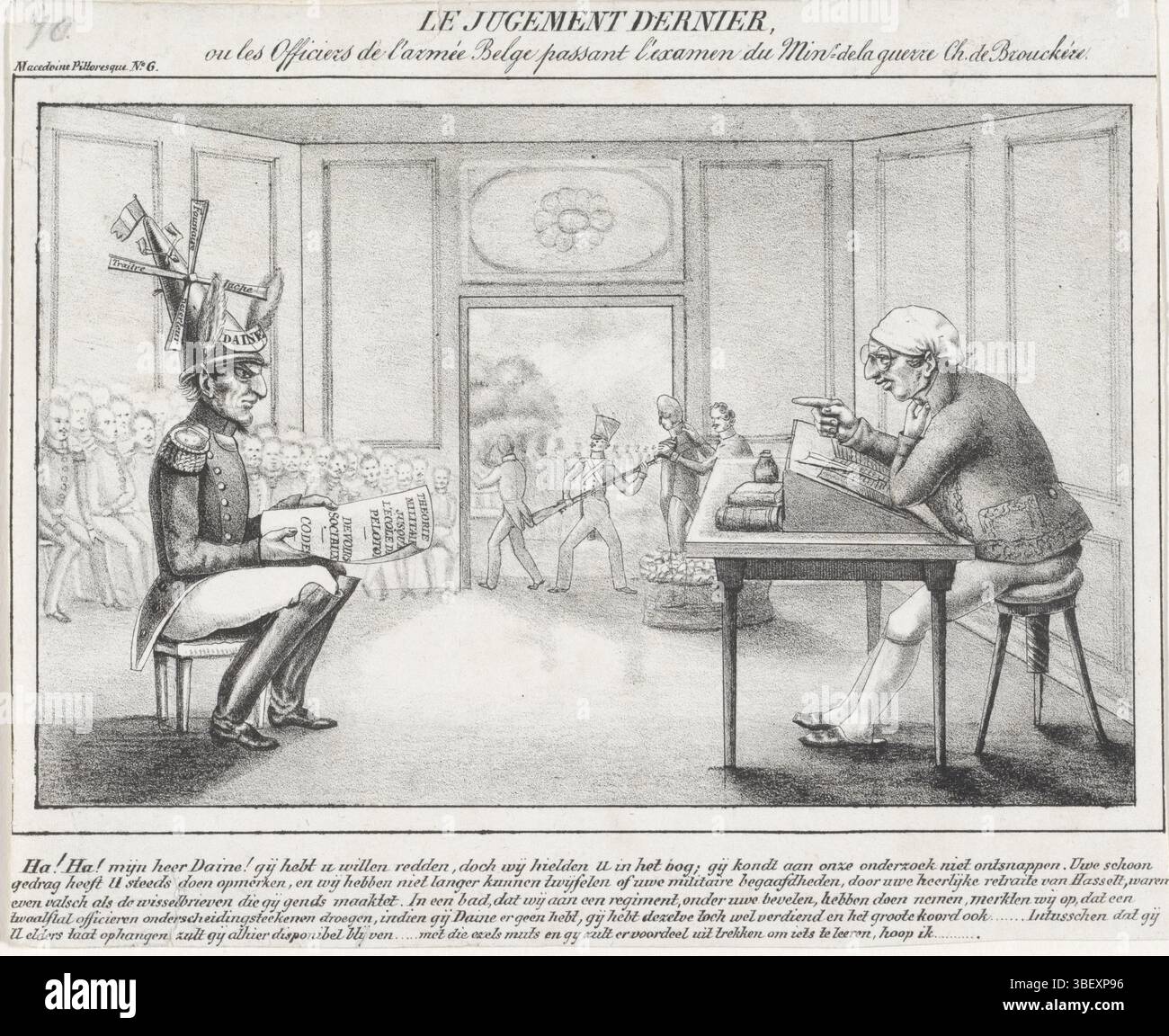 Pays-Bas, Pieneman, Nicolaas, le Judgment dernier, Daine inculpé, 1831, pays-Bas, verso - estampillé, Spotprent sur la réorganisation de l'armée de Daine par le ministre de la Guerre Charles de Brouckère après la défaite de l'armée belge de Maas à Hasselt le 8 août 1831. Le général Daine est assis sur un petit tabouret avec un chapeau pointu avec un moulin sur la tête. Devant lui, il y a le ministre derrière une table. Avec titre français et légende néerlandaise de cinq lignes., impression, dessin animé, estampes, Frederik Muller plaques d'histoire, Macedoine pittoresque No. 6, en haut à gauche - imprimé, hauteur 162 mm, largeur 197 mm, néerlandais, 1809-01-01 - Banque D'Images