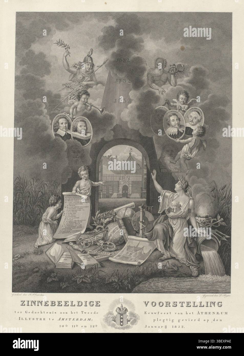 Amsterdam, Hagedoorn, J.C., Oosterhuis, Haatje Pieters, Amsterdam, Sluyter, Dirk, Zinnebeeldige exposition sur la pensée au Festival du IIe siècle de l'Athenaeum Illustre à Amsterdam ; plegtig célébré les 10 et 12 janvier 1832, Allegorie à la fête du IIe siècle de l'Athenaeum Illustre à Amsterdam, 1832, verso - estampillé, Allegorie à la fête du IIe siècle (1632-1832) de l'Athenaeum Illustre à Amsterdam, célébrée le 10-12 janvier 1832. Aiguille avec ouverture faisant un visage sur la porte de l'Agnietenkapel au Oudezijds Voorburgwal à Amsterdam où Athenaeum Illustre est loca Banque D'Images