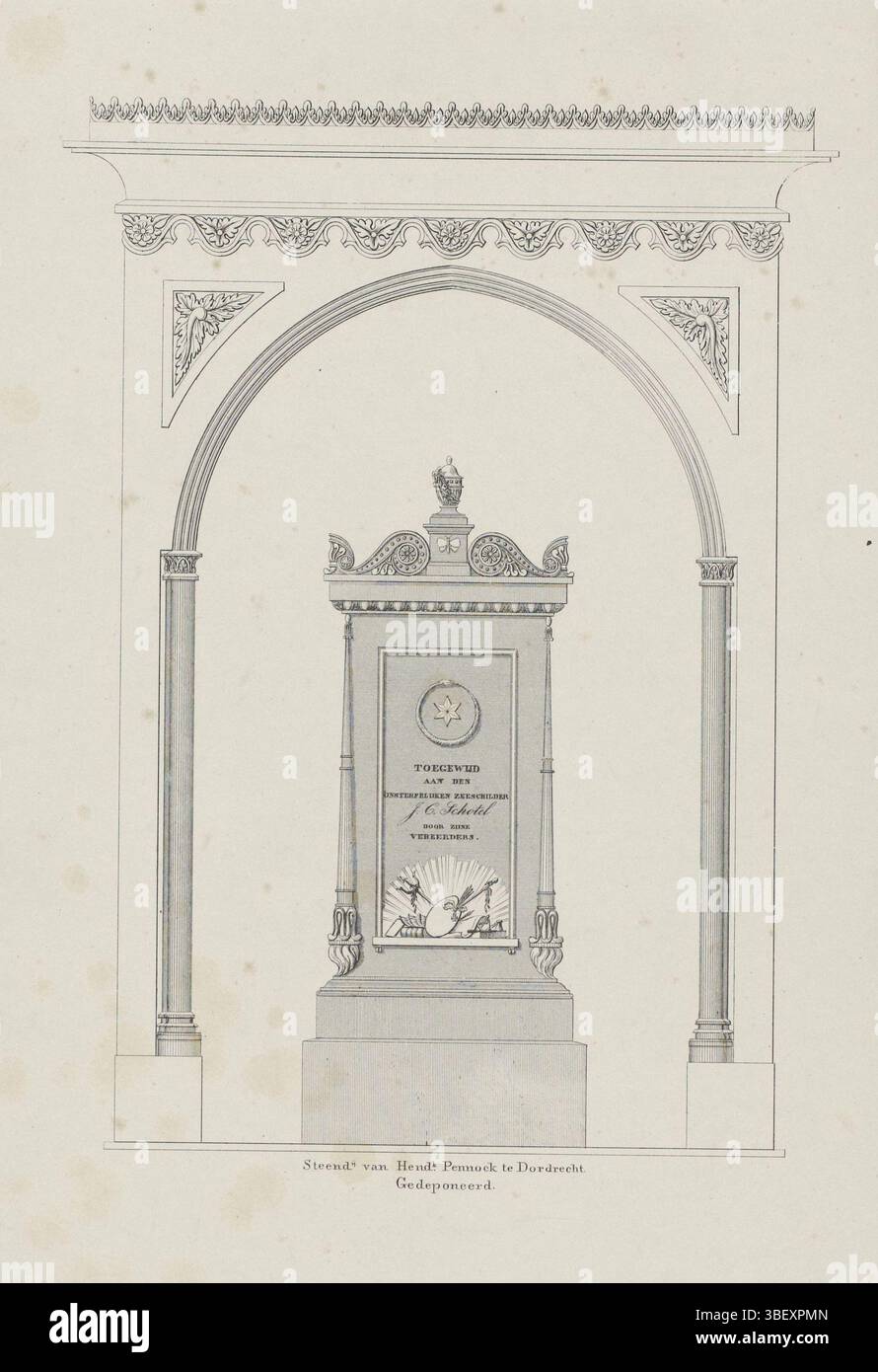 Dordrecht, Pennock, Hendrikus, Monument à la mémoire du peintre J.C. Schotel, 1838, Dordrecht, verso - estampillé, image d'architecture du monument fondé dans la Grote Kerk à Dordrecht à la mémoire du peintre marin Johannes Christiaan Schotel, décédé le 21 décembre 1838., estampe, Frederik Muller plaques historiques, présent exemplaire pour le Heer L. Hausemann à Amsterdam par l'éditeur, sous - manuscrit, hauteur 450 mm, largeur 290 mm, néerlandais, 1814-07-18 - 1848-05-27, graveur, 1839 - 1842, papier, lithographie (technologie) Banque D'Images