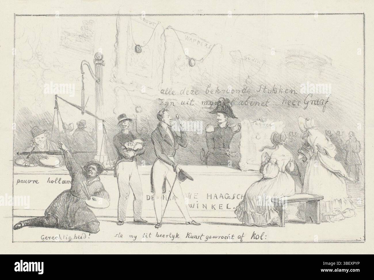 Pays-Bas, de Nieuwe Haagsche Winkel, Spotprent à l'exposition des maîtres vivants à la Haye, 1839, pays-Bas, verso - estampillé, Spotprent à l'exposition des peintures des maîtres vivants à la Haye en 1839. Les œuvres primées semblent être principalement des artistes du Brabant et, selon les rumeurs, déjà avant l'exposition appartenant au baron de Ceva, adjudant du prince Frederik et membre du comité d'exposition. Derrière un comptoir se trouve de Ceva avec une peinture qu’il montre à un client intéressé. A gauche un peintre néerlandais désespéré tirant sur une échelle en vain, deux peintres brabants wa Banque D'Images