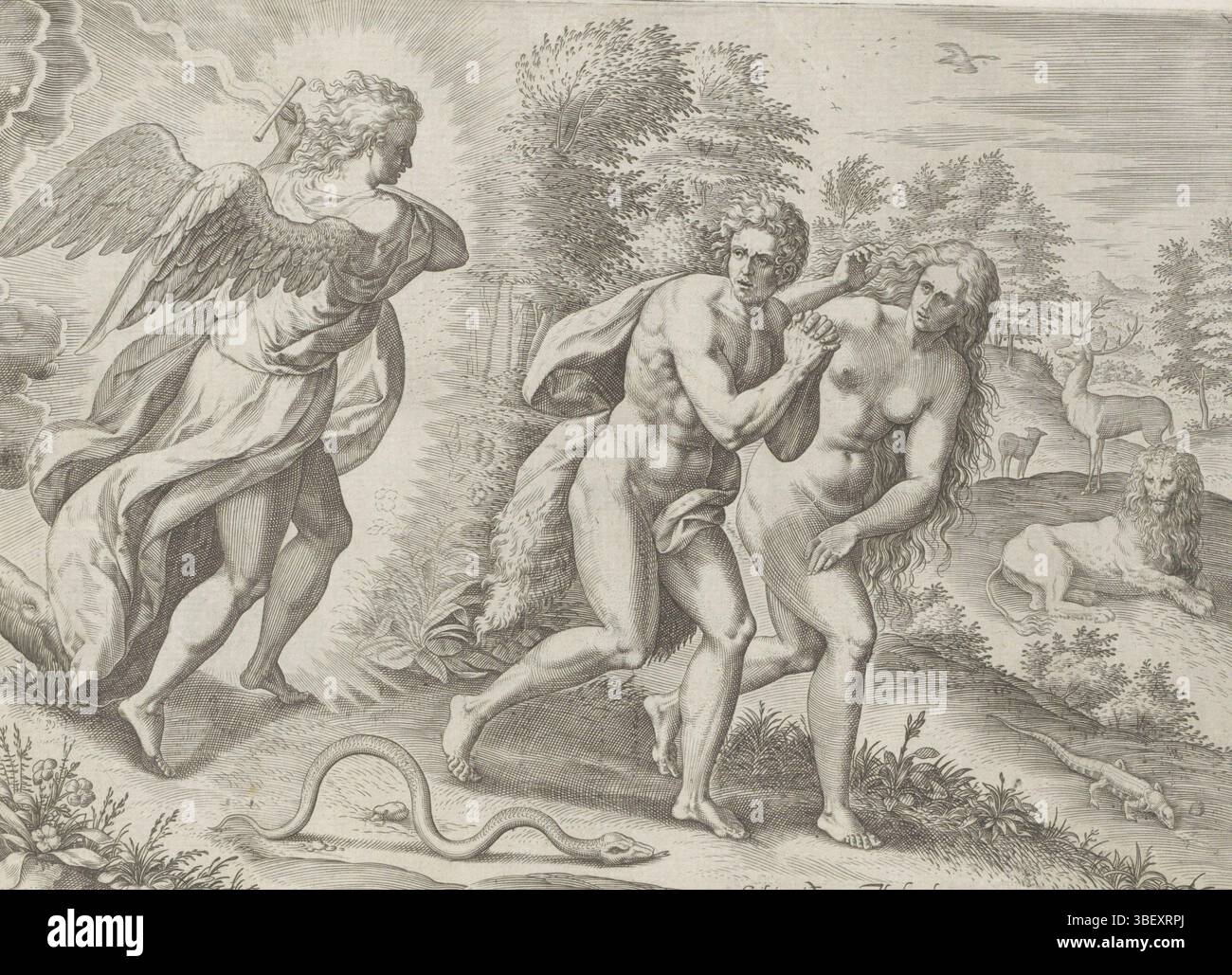 Anvers, Jode, Gerard de, Broeck, Crispijn van den, Sadeler, Johann (i), Thesaurus sacrarum historiaru[m] Veteris testame[n]TI, elega[n]tissimis imaginibus expressu[m] excelle[n]tissimoru[m] in hac Arte viroru[m] opera : nu[n]c primu[m] in luce[m] editus, Historia creationis mundi, création et chute, expulsion du Paradis, Anvers, expulsion du Paradis, Adam et Ève sont chassés du paradis par un ange avec une épée flamboyante. À côté d'eux, le serpent rampant. Juste en arrière-plan, un lion et un cerf. En bas se trouve une référence au texte de la Bible en latin. Prent fait partie d'un album., print Banque D'Images