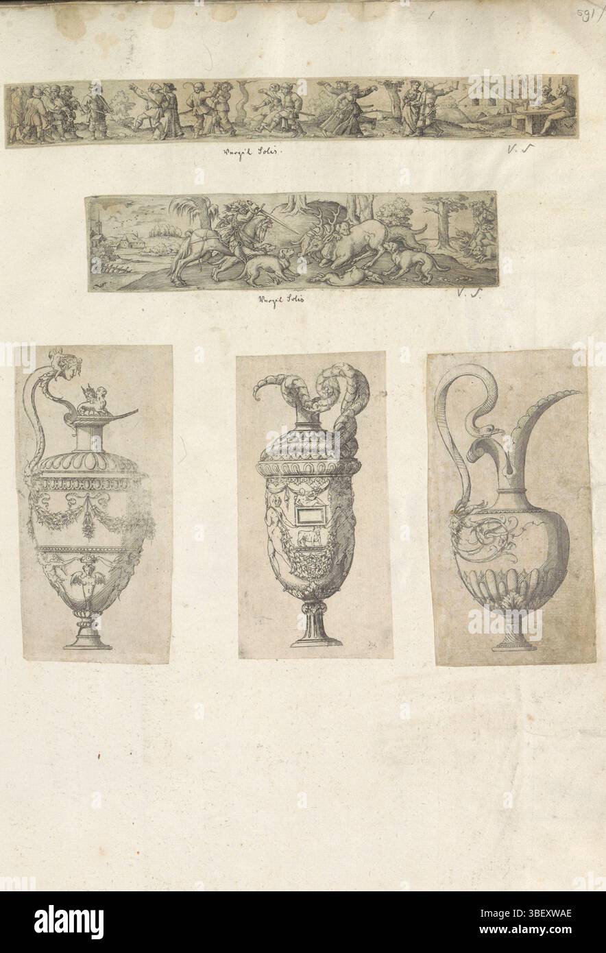 Allemagne, Solis, Virgilius, Albumblad avec cinq estampes avec des fermiers dansants, une scène de chasse et trois canons, Allemagne, Albumblad avec cinq estampes découpées : fermiers dansants dans un paysage, une scène de chasse et trois cruches ornementales., impression, impression d'ornement, feuille d'album, impressions, gravures ornementales, hauteur 430 mm, largeur 292 mm, allemand, 1514 - 1562-08-01, graveur, 1500 - 1599, quatrième quart 16ème siècle, 17ème siècle, papier, gravure, pâte, machine à imprimer Banque D'Images Allemagne, Solis, Virgilius, Albumblad avec cinq estampes avec des fermiers dansants, une scène de chasse et trois canons, Allemagne, Albumblad avec cinq estampes découpées : fermiers dansants dans un paysage, une scène de chasse et trois cruches ornementales., impression, impression d'ornement, feuille d'album, impressions, gravures ornementales, hauteur 430 mm, largeur 292 mm, allemand, 1514 - 1562-08-01, graveur, 1500 - 1599, quatrième quart 16ème siècle, 17ème siècle, papier, gravure, pâte, machine à imprimer Banque D'Images