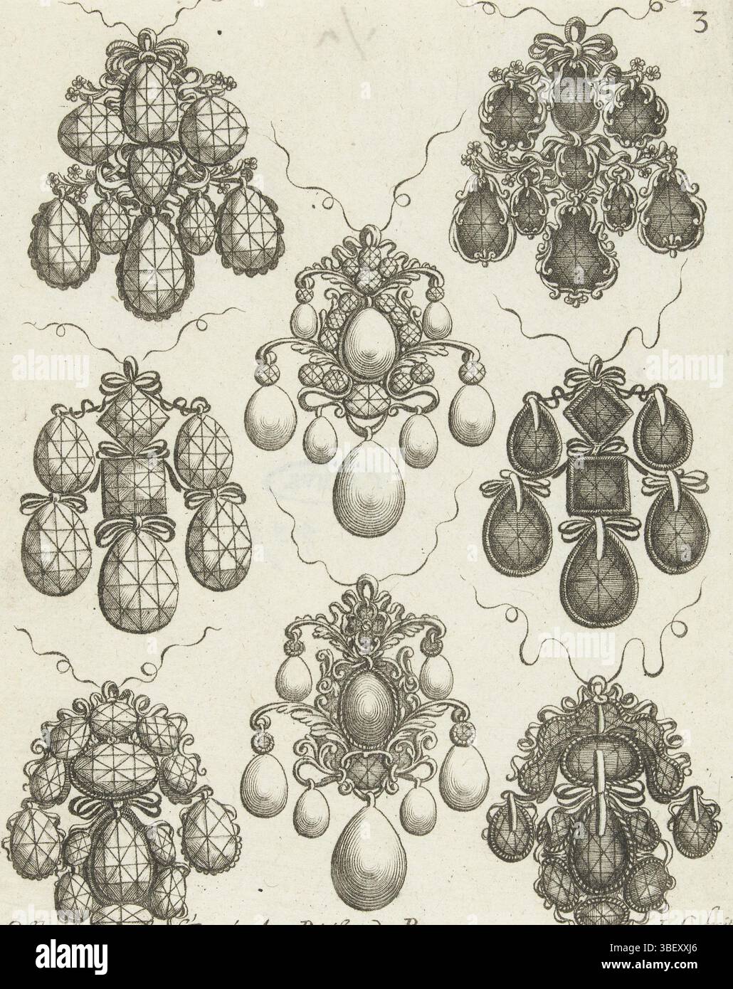 Louis XIV (roi de France), Paris, Légaré, Gilles, France, Cossin, Louis, Livre des ouvrages d'Orfevrerie, huit devant et derrière de pendentifs, cinq pendentifs avec des pierres précieuses et des perles vus de devant et trois de derrière. Feuille 3 de la série de 8 feuilles avec des dessins pour bijoux., impression, imprimés ornementaux, impressions, hauteur 153 mm, largeur 120 mm, 1627 - 1686, graveur, 1663 - 1663, troisième quart 17ème siècle, papier, gravure, gravure (procédé d'impression), conception d'œuvres, français, 1610 - 1685, selon conception, publication (événement), publication, éditeur, 1638-09-05 - 1715-09-01, fournisseur de priv Banque D'Images