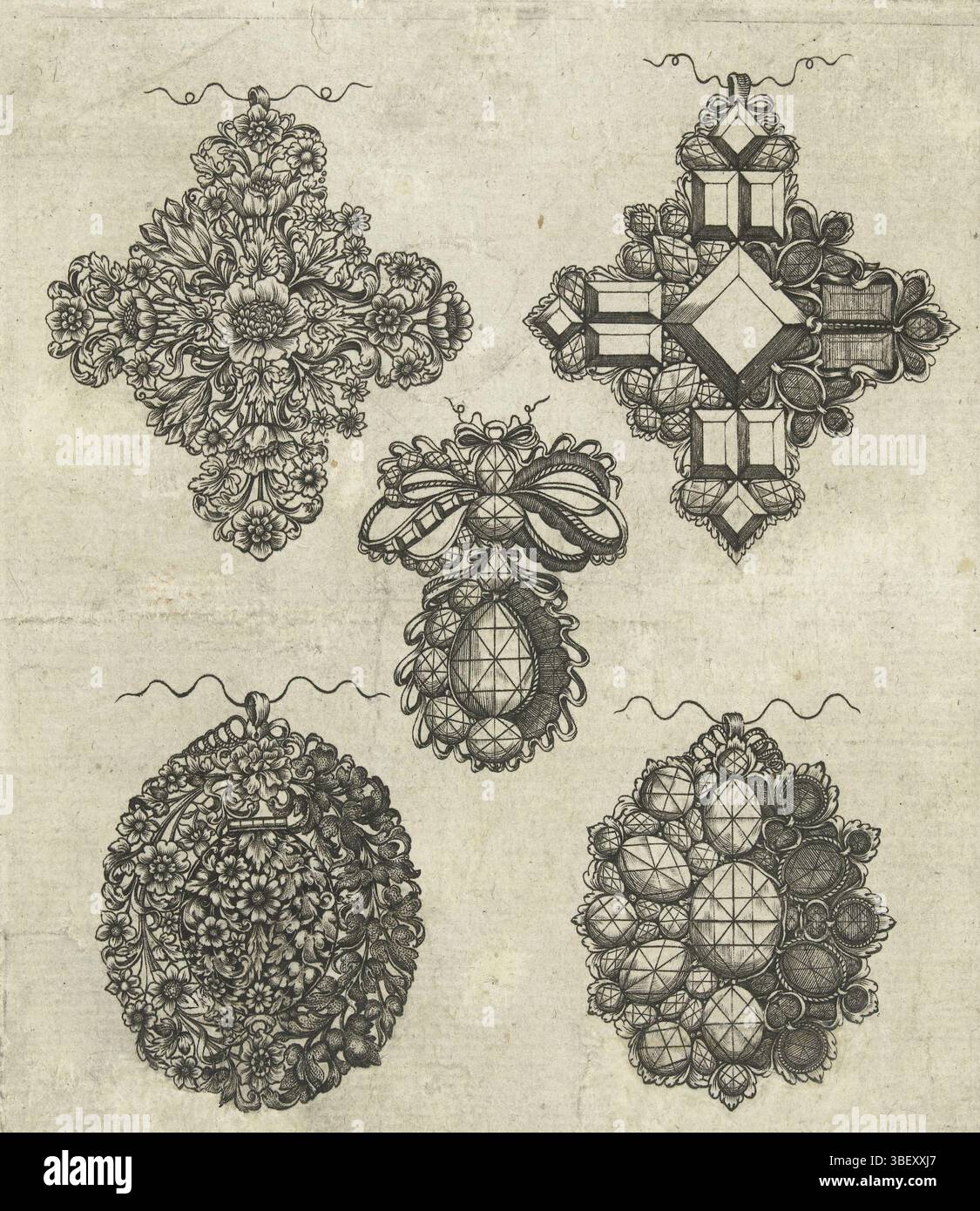 Louis XIV (roi de France), Paris, Légaré, Gilles, collet, Paul (I), Livre des ouvrages d'Orfevrerie, cinq avant et arrière de bijoux, l'avant et l'arrière d'une broche en forme de croix ; une broche ou boucle d'oreille ; l'avant et l'arrière d'un médaillon portrait avec un couvercle sur une charnière. Feuille 5 de la série de 8 feuilles avec des dessins pour bijoux., impression, imprimés ornementaux, impressions, hauteur 150 mm, largeur 119 mm, graveur, 1663 - 1663, troisième quart 17ème siècle, papier, gravure, gravure (procédé d'impression), conception d'œuvres, français, 1610 - 1685, selon conception, publication (événement), publication, editeur, 1638-09 Banque D'Images