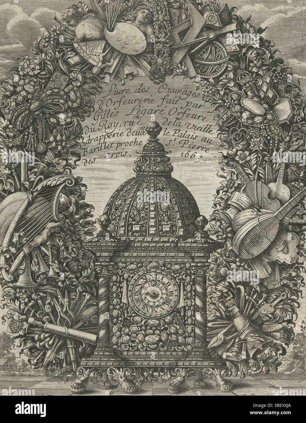 Louis XIV (roi de France), Paris, Légaré, Gilles, France, Cossin, Louis, Livre des ouvrages d'Orfevrerie, titre magazine : Livre des ouvrages d'Orfevrerie, texte en cartouche de fleurs incorporant : trophées de bijoux, instruments de musique, outils d'orfèvre, attributs du peintre et architecte. En bas se trouve une horloge bordée de bijoux. Page de titre de la série de 8 feuilles avec des dessins pour bijoux., impression, impression d'ornement, page de titre, impressions, tirages ornementaux, hauteur 157 mm, largeur 126 mm, 1627 - 1686, graveur, 1663 - 1663, troisième quart xviie siècle, papier, gravure, gravi Banque D'Images