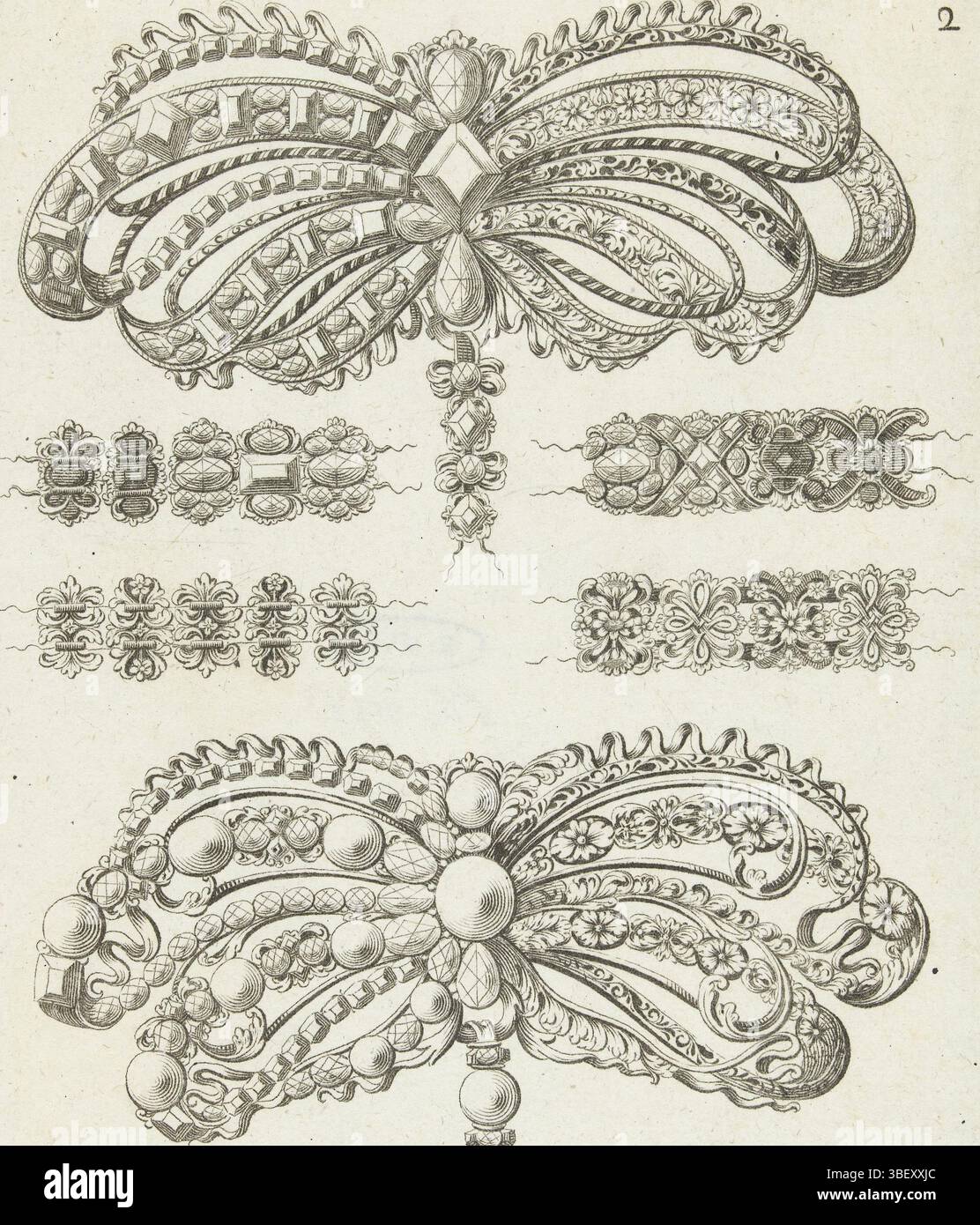 Louis XIV (roi de France), Paris, Légaré, Gilles, France, Cossin, Louis, Livre des ouvrages d'Orfevrerie, six joyaux, supérieur et inférieur est une broche en forme d'arc représentée entre quatre dessins pour maillons de chaîne avec variantes, partiellement vu de l'arrière. Feuille 2 de la série de 8 feuilles avec des dessins pour bijoux., impression, imprimés ornementaux, impressions, hauteur 150 mm, largeur 117 mm, 1627 - 1686, graveur, 1663 - 1663, troisième quart 17ème siècle, papier, gravure, gravure (procédé d'impression), conception d'œuvres, français, 1610 - 1685, selon conception, publication (événement), publication, editeur, 163 Banque D'Images
