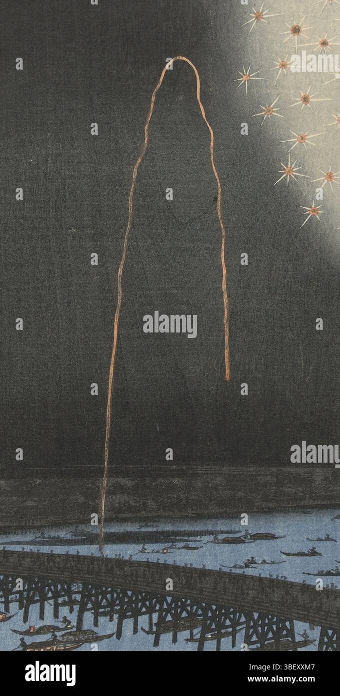 Tokyo, Uoya Eikichi, Tokyo, inconnu, Hiroshige (I), Utagawa, Meisho Edo hyakkei, cent visages célèbres sur Edo, Ryogoku hanabi, feux d'artifice au pont Ryogoku, vue sur le pont Ryogoku à travers la rivière Sumida, lors d'un festival nocturne avec feux d'artifice. Spectateurs sur le pont et dans les bateaux éclairés., impression, Japon (collection), hauteur 360 mm, largeur 243 mm, japonais, 1797 - 1858, imprimeur, 1858-08 - 1858-08, papier, nishiki-e, gravure sur bois couleur, publication (événement), publication, éditeur Banque D'Images