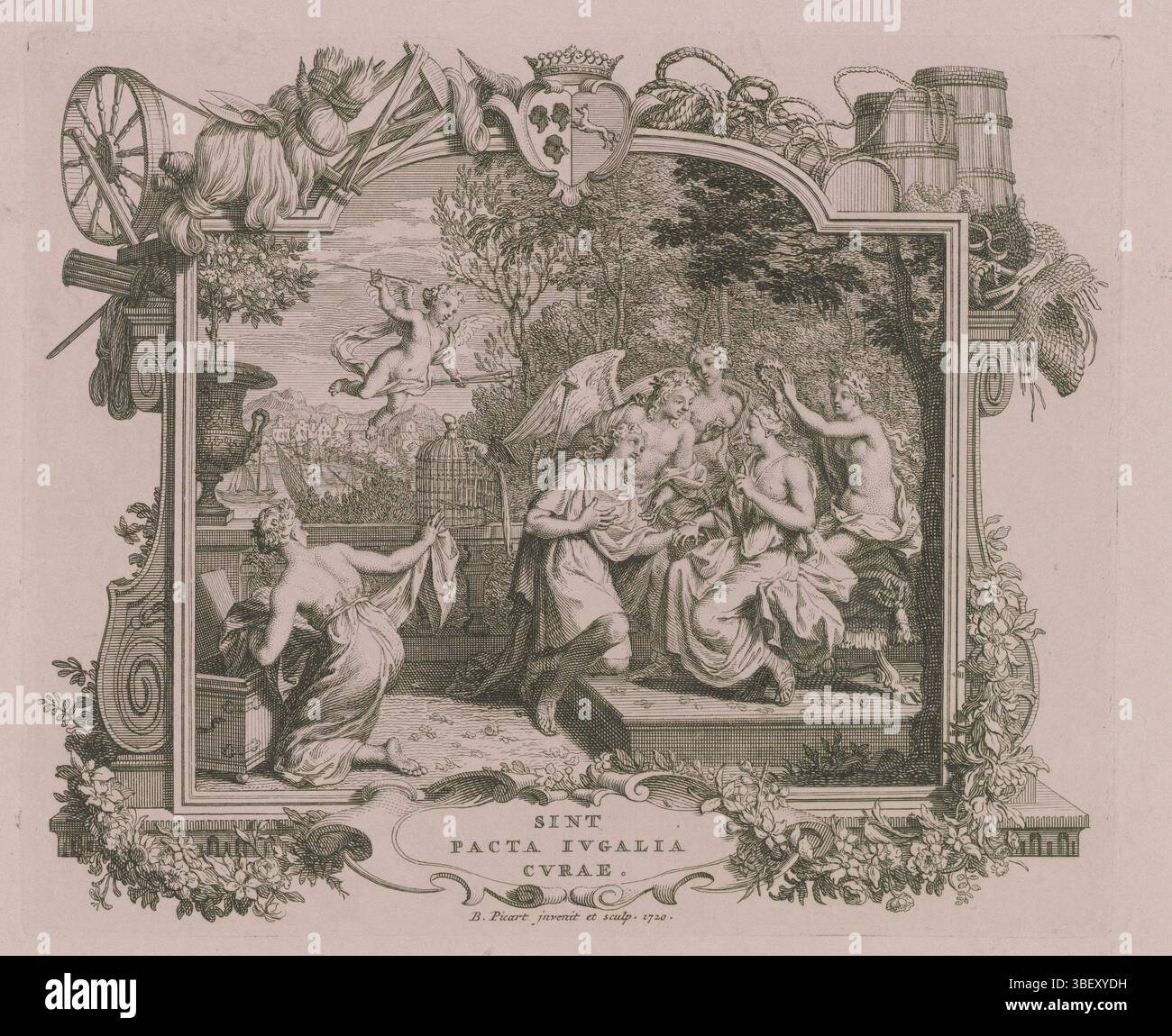 Picart, Bernard, Amsterdam, Picart, performance allégorique à l'occasion du mariage de Willem Philips Kops et Johanna de vos, performance allégorique à l'occasion du mariage de Willem Philips Kops et Johanna de vos à Haarlem le 22 septembre 1720. Le mari s'agenouille passionnément pour sa femme. Le Dieu du mariage Hymen essaie de le calmer. Les trois pardons habillent la mariée. En arrière-plan la ville de Haarlem. En haut du cadre se trouve un produit appartenant à la société du couple. Sous la scène la devise : Saint Pacta Jugalia Curae. L'impression fait partie d'un album., p Banque D'Images