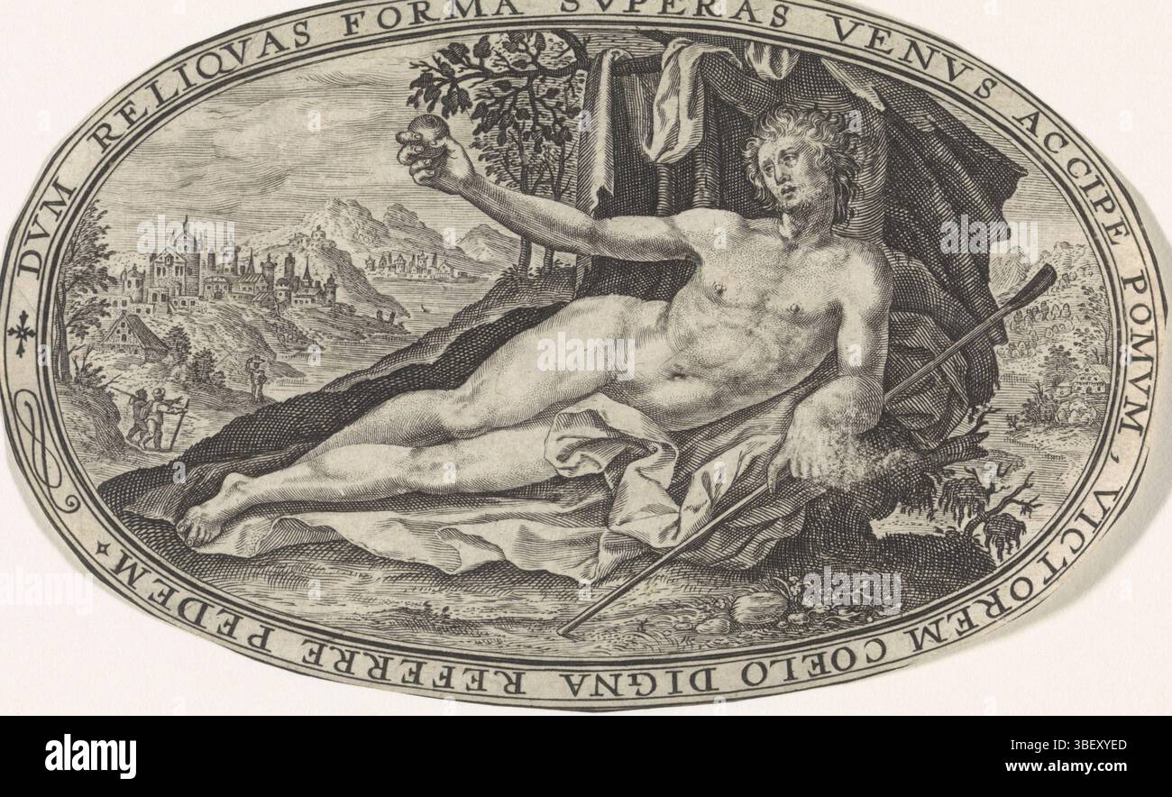 Cologne, passe, Crispin du (I), Dieux et déesses impliqués dans le jugement de Paris, Paris, paysage avec Paris avec son bâton de berger et la pomme d'or d'Eris. Dans le cadre une frontière écrivant en latin qui se réfère au rôle joué par Paris dans le jugement de Paris. Il a dû juger les trois plus belles déesses de l'Olympe par leur beauté et a finalement décerné la pomme à Vénus. Imprimer à partir d'une série de six avec déesses et déesses., impression, hauteur 80 mm, largeur 127 mm, 1564 - 1637, graveur, 1592 - 1592, papier, gravure, gravure (procédé d'impression) Banque D'Images