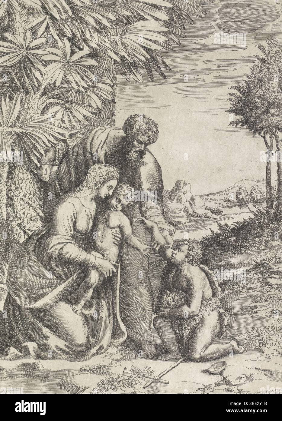 Italie, Raphaël, Italie, Bonasone, Giulio, Sainte famille et jeune Jean Baptiste à un palmier, verso - estampillé, impression, 64, recto en bas à droite - manuscrit à l'encre, hauteur 328 mm, largeur 238 mm, italien, 1510 - 1576, graveur, 1501 - 1580, papier, gravure, gravure, gravure (procédé d'impression), concept de travail, 1483-04-07 - 1520-04-07 Banque D'Images