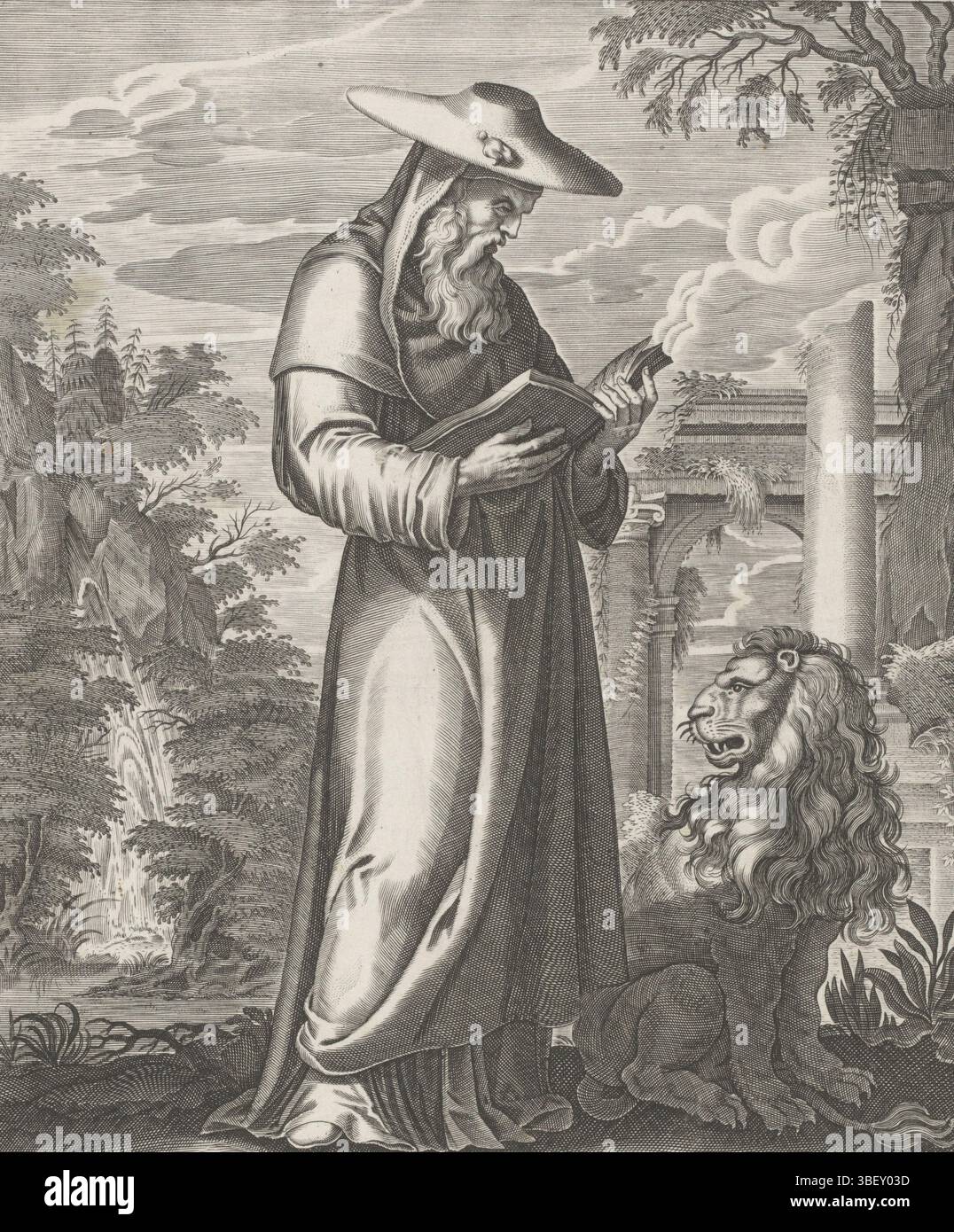 Sud des pays-Bas, S. Hieronymus, Saint Hieronymus, verso - estampillé, habillé en cardinal, lire dans un livre. A côté de lui, le lion. En arrière-plan un paysage vallonné avec une cascade à gauche et à droite les ruines d'un bâtiment antique. Titre et texte latin dans la marge inférieure., impression, hauteur 312 mm, largeur 238 mm, imprimeur, 1600 - 1699, 17e siècle, papier, gravure, gravure (procédé d'impression) Banque D'Images