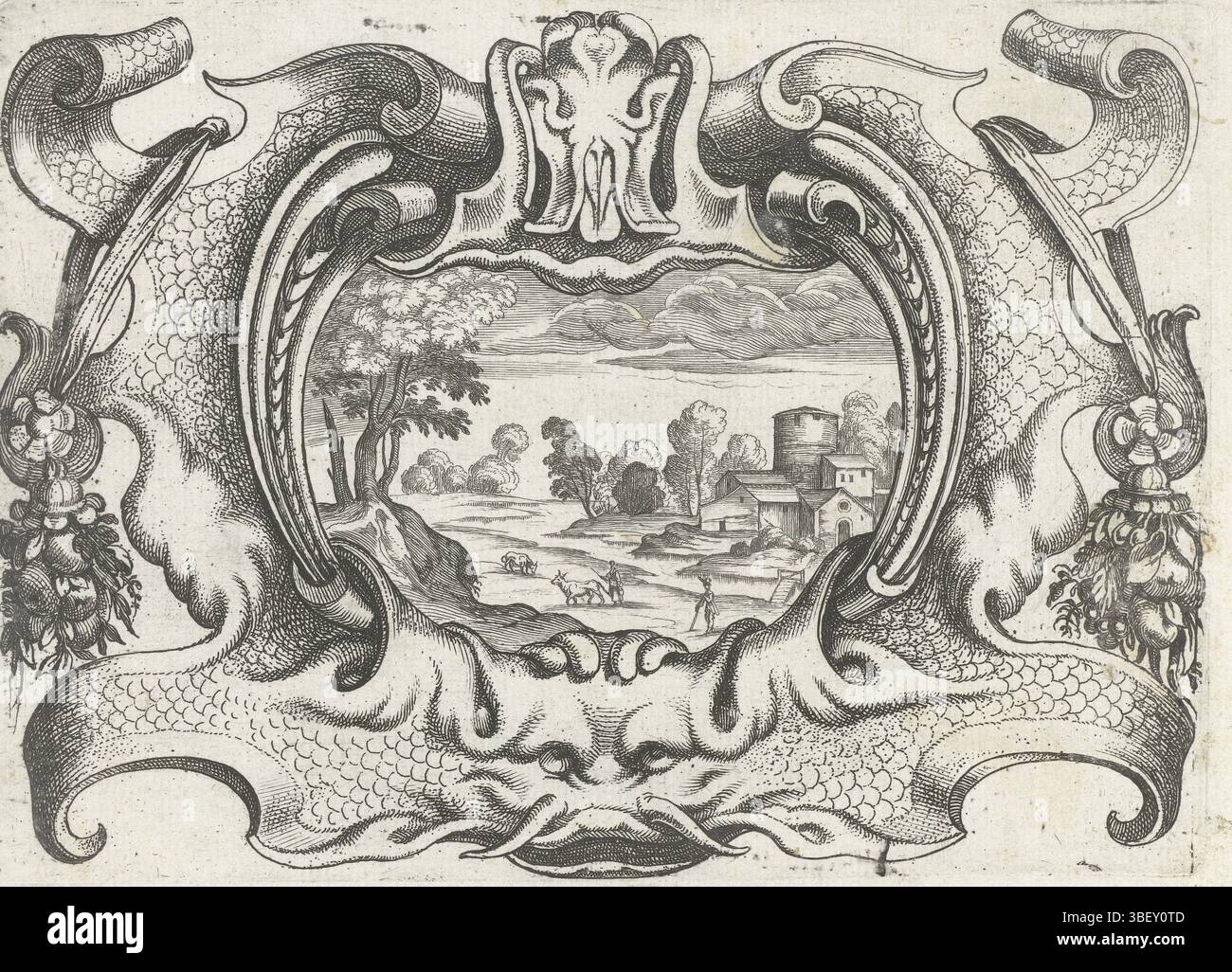 Paris, Tavernier, Melchior, France, Rabel, Daniel, cartouches de différentes inventions, cartouche avec grand masque, Paris, le compartiment présente un paysage avec une rivière et un bâtiment. Feuille 12 d'une série de 13 feuilles avec cartouches dans le style lobe français. De la première édition., impression, impressions ornementales, impressions, hauteur 124 mm, hauteur, 170 mm, 1578 - 1637-01-03, imprimeur, 1634 - 1634, deuxième quart 17ème siècle, papier, gravure, concept de travail, selon la conception propre de, publication (événement), publication, pays-Bas du Sud, 1564 - 1641, éditeur Banque D'Images