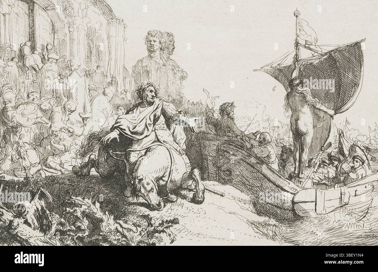 Rhin, Rembrandt van, Rhin, le navire de Fortuna : la fermeture du temple Janus après la défaite de Marc Antonius à Actium, verso en bas à droite, impression, Rembrandt F. 1633, en bas à droite, hauteur 113 mm, largeur 166 mm, Noord-Nederlands, 1606-07-15 - 1669-10-08, graveur, 1633 - 1633, deuxième quart 17ème siècle, papier, gravure, conception de travail, selon son propre dessin Banque D'Images