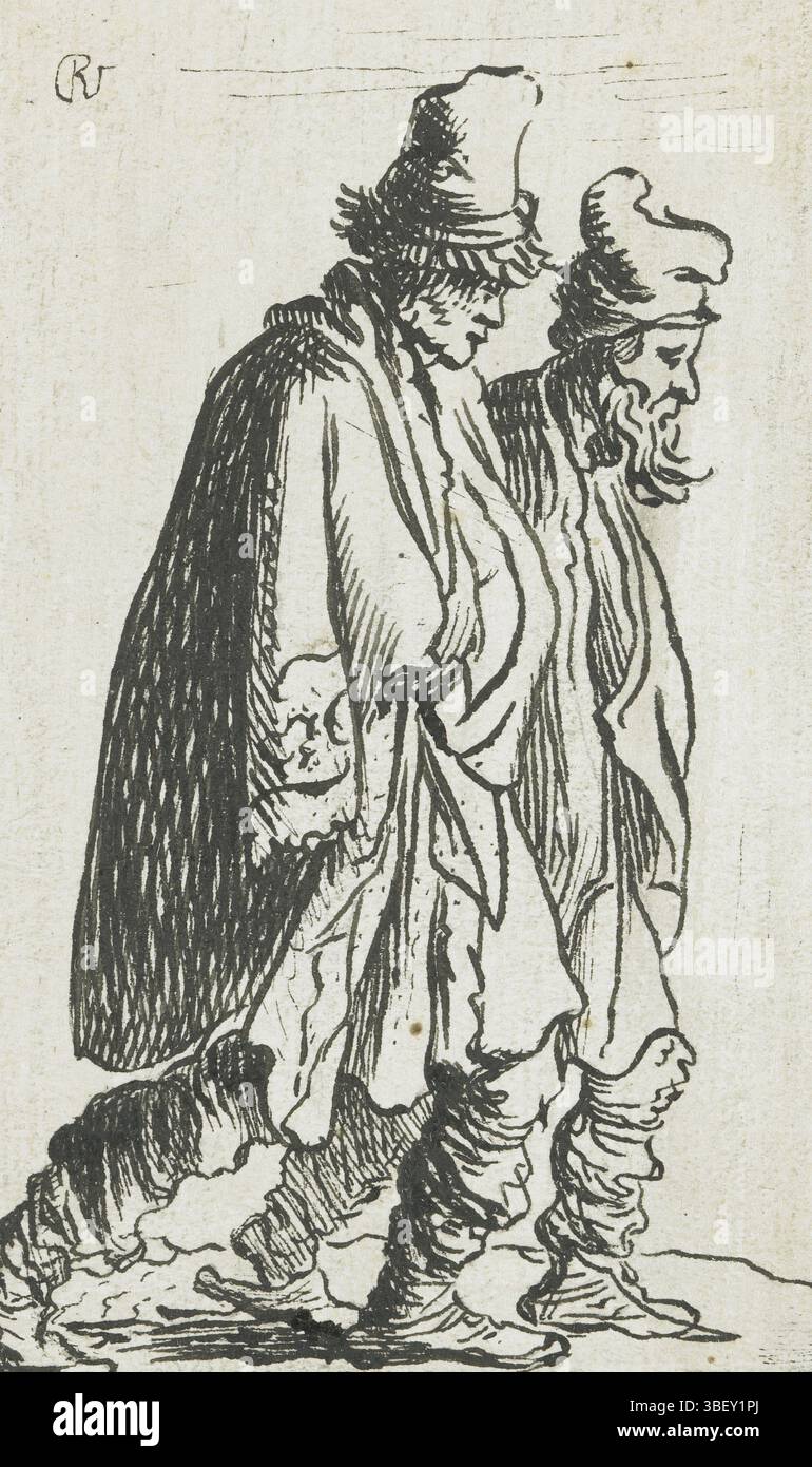 Rijn, Rembrandt van, deux errants, à droite, verso en bas à gauche, image miroir à l'image de l'image de Rembrandt du même nom, dessin, estampes, RT, en haut à gauche, verso inférieur droit, hauteur 94 mm, largeur 59 mm, conception de travail, Noord-Nederlands, 1606-07-15 - 1669-10-08, après tirage, 1629 - 1633, deuxième quart 17e siècle, papier, encre, stylo, traîneau, dessin Banque D'Images