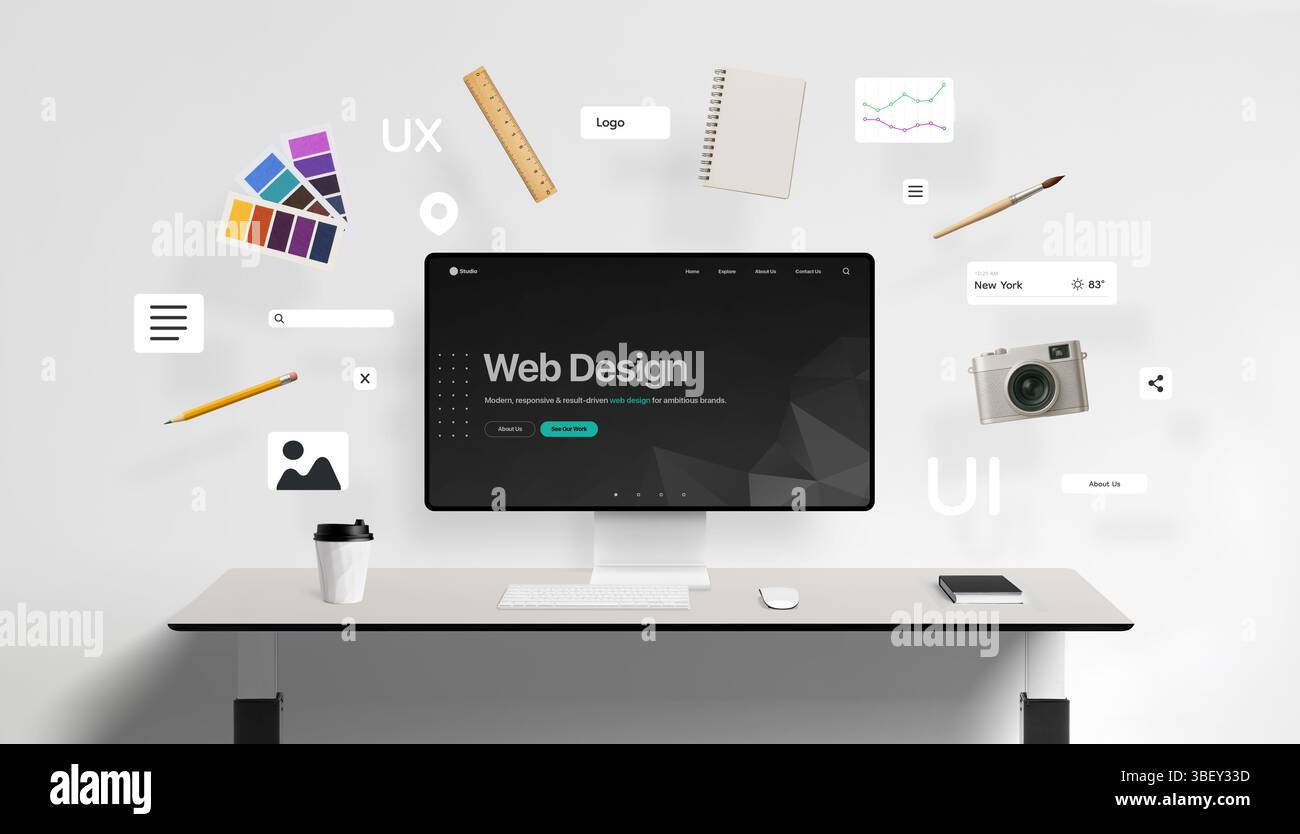 Interface de conception Web affichée sur l'écran du bureau, entourée de composants d'interface utilisateur flottants tels que des boutons, des boîtes d'image et des icônes de navigation, ainsi que cre Banque D'Images