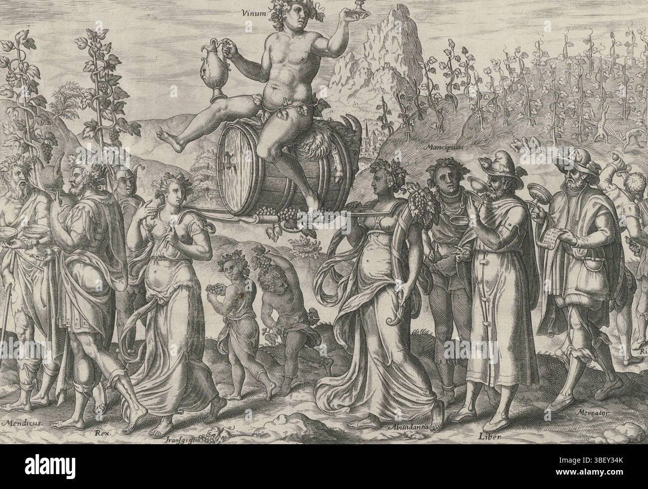 Pays-Bas, Ghyslinck, Victor, Groeningen, Gerard van, Nederlanden, Triomfen, Triomf van de Wijn, verso - estampillé, Bacchus, assis sur un tonneau de vin, est porté en triomphe et porté par les personnifications du pied et de l'abondance. Au premier plan se trouvent un mendiant et un roi : pauvre et riche boire du vin. Deux hommes avec des casquettes folles portent des vignes. Marchez derrière Bacchus Freedom, qui prend une gorgée de vin, et Agency, qui essaie de garder un copain. Derrière, il y a un marchand avec une tasse de vin et un billet à la main. Tout le chemin dans le dos un combat causé par le vin. Sous la représentation un verset de quatre lignes en latin. Banque D'Images