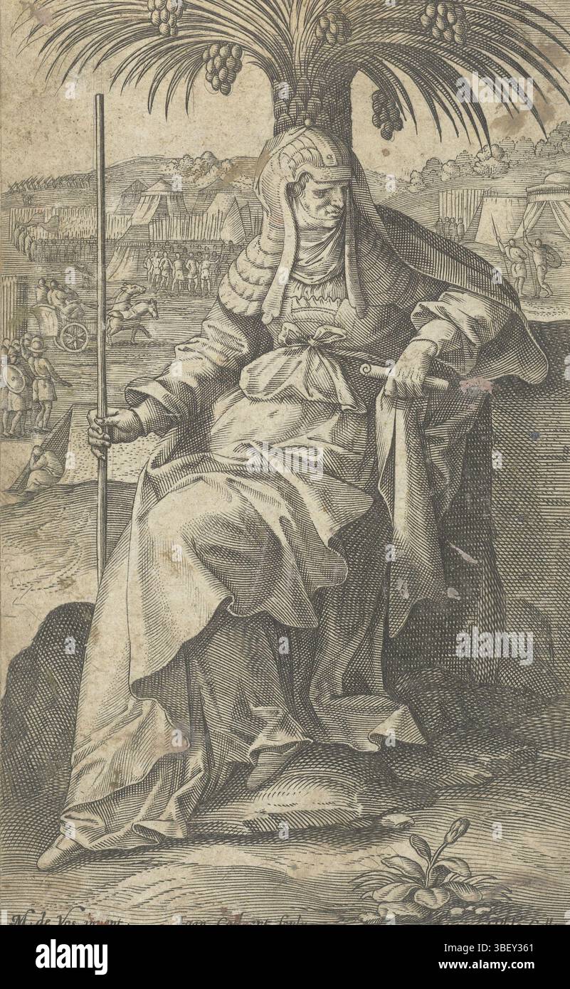 Anvers, Kiliaan, Cornelis, Anvers, Galle, Philips, vos, Maerten de, Collaert, Jan (II), icones Illvstrivm Feminarvm Veteris testamenti, Debora, verso milieu bas - estampillé, au premier plan les profètes Debora, un des Ajusteurs d'Israël, sous un palmier. En arrière-plan, l'armée israélienne se prépare à la guerre contre le général Sisera. L'estampe a une légende latine et fait partie d'une série de femmes célèbres de l'ancien Testament., estampe, hauteur 155 mm, largeur 90 mm, sud-néerlandais (avant 1775), 1566 - 1628-05-26, graveur, 1588 - 1595, papier, gravure, gravure (processus d'impression), travail concp Banque D'Images