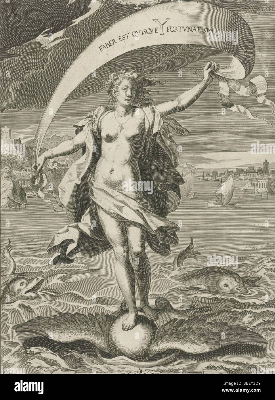 Munich, Schwarz, Christoph, Sadeler, Aegidius, caractéristiques pour une vie réussie, Occasio, verso milieu en bas - estampillé, la personnification Occasio se tient sur une sphère ailée reposant sur une coquille dans un port. Avec la voile dans ses mains, elle capture le vent et navigue à travers l'eau., impression, hauteur 398 mm, largeur 295 mm, Hollande du Sud, 1570 - 1629, graveur, 1594 - 1597, papier, gravure, gravure (processus d'impression), allemand, 1545 - 1592-04-15 Banque D'Images