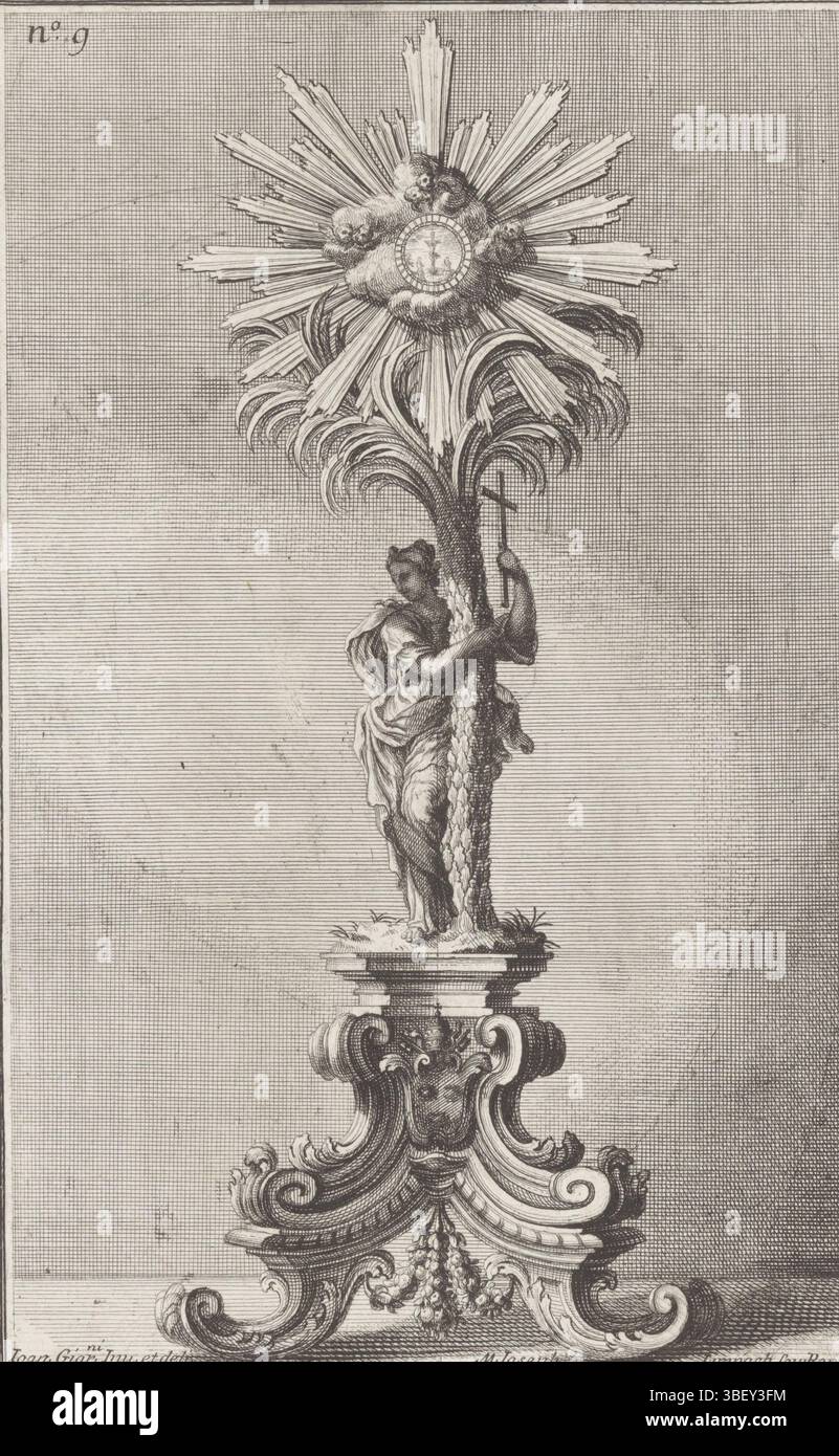 Italie, Giardini, Giovanni, Italie, Rome, Limpach, Maximilian Joseph, Disegni diversi inventati e delineati da Giovanni Giardini da Forlì, divers objets ecclésiastiques, porte-relique avec scène de crucifixion et femme avec croix sous palmier, verso - estampillé, numéroté en haut à gauche : non. 9., impression, impressions d'ornement, impressions, hauteur 239 mm, largeur 155 mm, tchèque, imprimeur, 1714 - 1714, papier, gravure, italienne, 1646 - 1722, traîniste intermédiaire, après dessin, concept de travail, 1646 - 1722 Banque D'Images