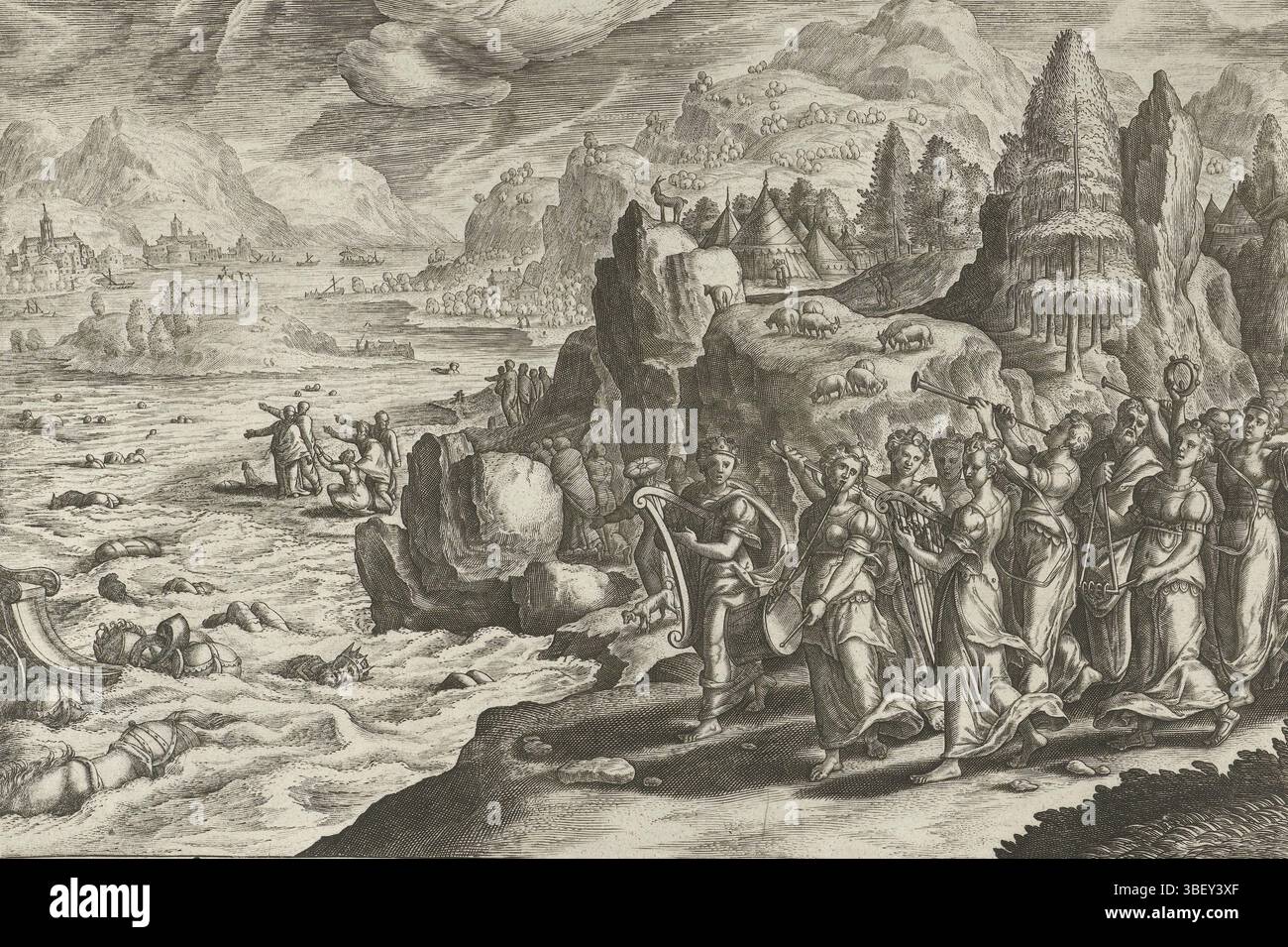 Goltzius, Julius, Ghyslinck, Victor, bol, Hans, Anvers, Goltzius, fuite d'Egypte, célébration de la chute de l'armée égyptienne, verso milieu ci-dessous - estampillé, l'armée égyptienne se noie dans la mer Rouge. Au premier plan, les prophéties Mirjam et une procession de femmes avec des instruments de musique célèbrent la victoire. En arrière-plan, les Israélites remercient Dieu. L'impression a une légende latine et fait partie d'une série sur le vol de l'Egypte., impression, hauteur 210 mm, largeur 292 mm, - 1595, graveur, 1586 - 1586, papier, gravure, gravure (procédé d'impression), conception du travail, 1534 - 1593-11-20, a Banque D'Images