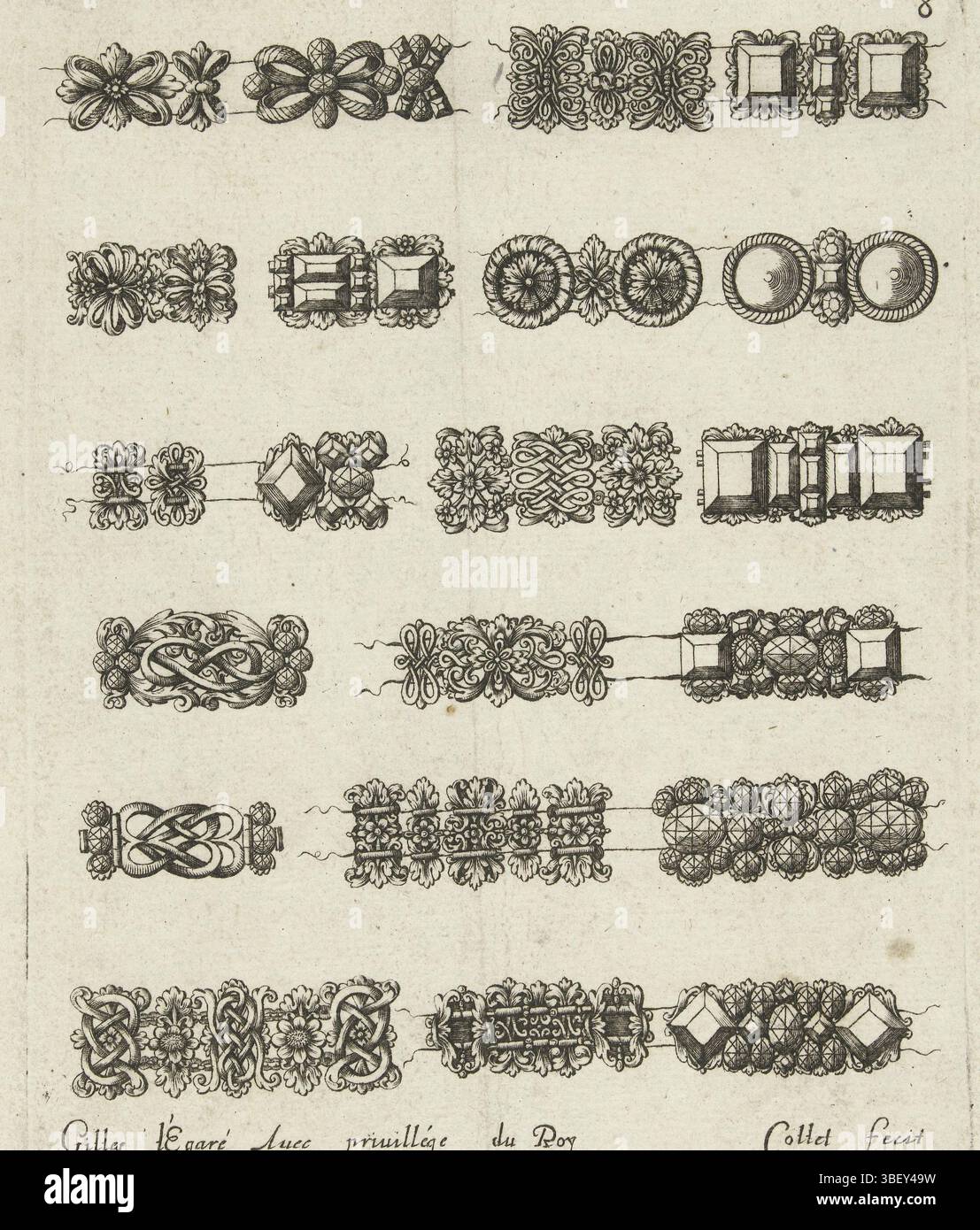 Louis XIV (roi de France), Paris, Légaré, Gilles, France, Cossin, Louis, Livre des ouvrages d'Orfevrerie, six rangées de dessins pour maillons de chaîne, feuille 8 de série de 8 feuilles., tirage, tirages ornementaux, tirages, hauteur 153 mm, largeur 121 mm, 1627 - 1686, graveur, 1663 - 1663, troisième quart 17ème siècle, papier, gravure, gravure (procédé d'impression), conception d'œuvres, français, 1610 - 1685, selon la conception, publication (événement), publication, éditeur, 1638-09-05 - 1715-001, enreg.' Banque D'Images