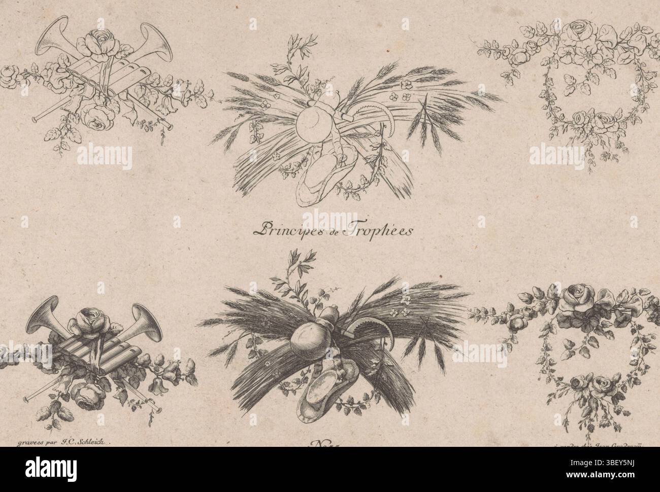 Gradmann, Johann, Schleich, Johann Carl, principes de trophées, trophées avec instruments de musique et roses, verso - estampillé, trois trophées et dessins au trait. A gauche avec des trompettes, une flûte de casserole et des roses. Au milieu avec des attributs appartenant à l'agriculture tels que les épis de maïs et une faucille. Juste avec des roses. Numéro d'éditeur 35., impression, impression d'ornement, impressions, impressions d'ornement, hauteur 198 mm, largeur 311 mm, allemand, 1759 - 1842, graveur, 1769 - 1842, papier, gravure, vendeur' Banque D'Images