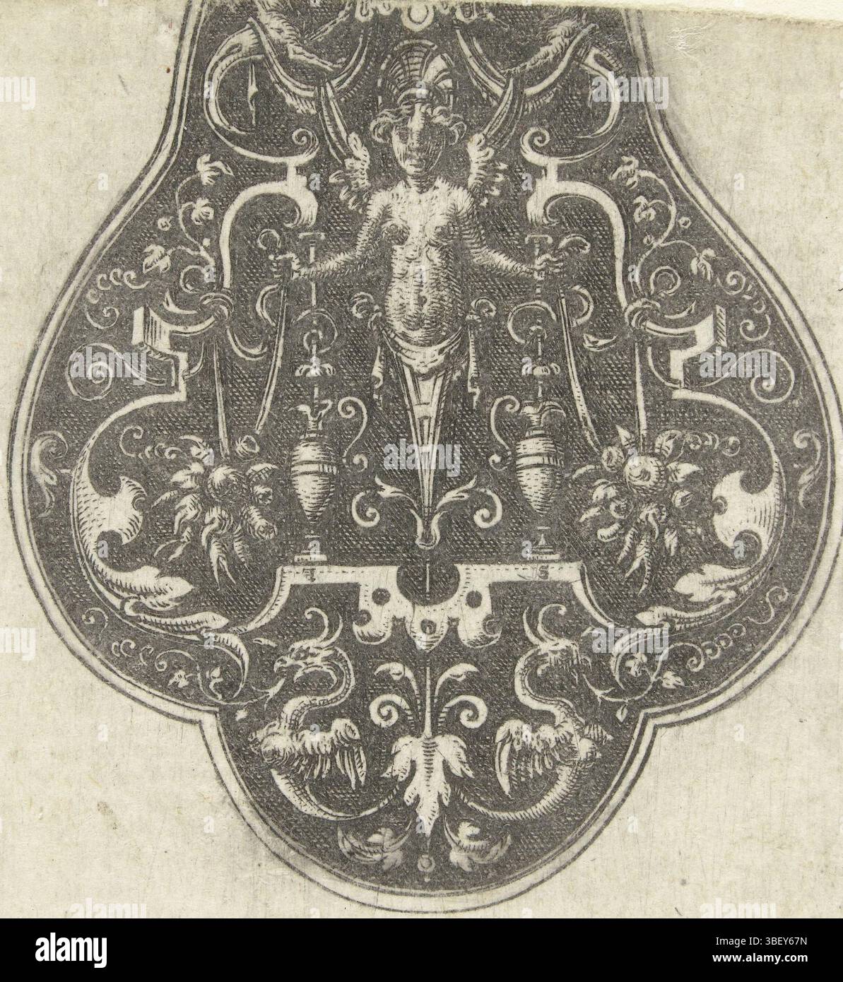 France, Delaune, Etienne, France, ornement avec herme femelle, Stephanus de Lavne inventeur excidébat anno do.1573, herme femelle ailée, l'herme se tient entre deux vases. De la série de 8 feuilles avec des décorations plates en forme de pair., impression, impressions d'ornement, impressions, hauteur 44 mm, largeur 43 mm, Frans, 1519 - 1583, graveur, 1528 - 1573, deuxième quart XVIe siècle, troisième quart XVIe siècle, papier, gravure, gravure (procédé d'impression), conception d'œuvres, français, par conception, publication, éditeur Banque D'Images
