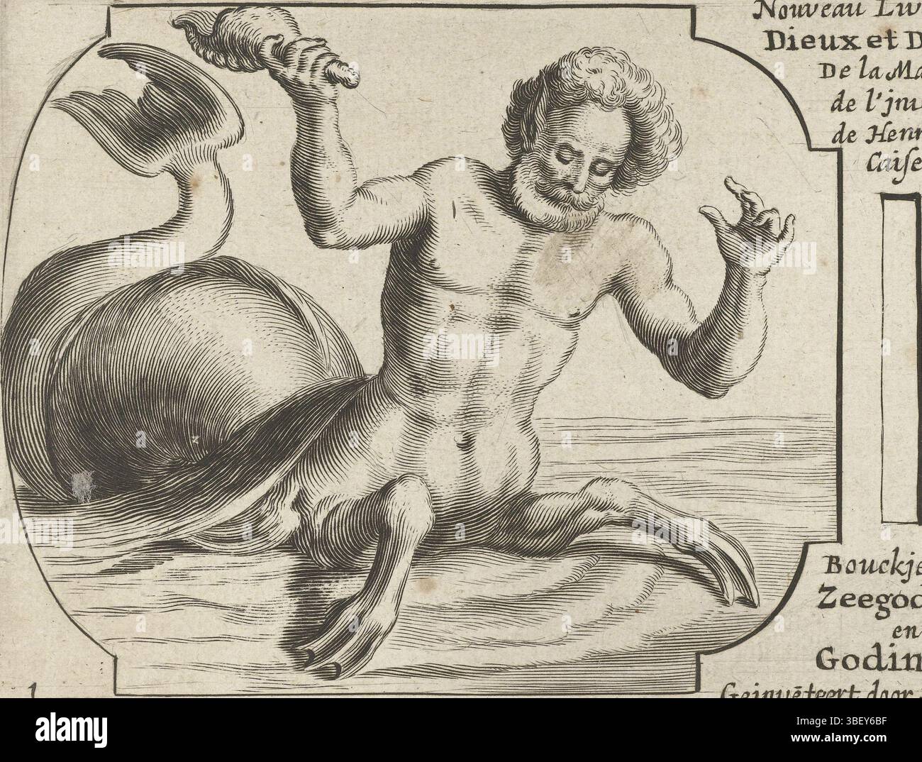 Amsterdam, Duckerts, Cornelis (I), Keyser, Hendrik de (I), nouveau Livre des Dieux et Deeßes de la Marine Bouckje van Zeegoden en Godinnen, deux compartiments, chacun un triton, Amsterdam, deux compartiments l'un à côté de l'autre dans lesquels laissait un triton avec une coquille dans sa main ; à droite un triton femelle avec une coquille dans sa main. Au milieu le titre., imprimer, imprimer ornement, page de titre, impressions, gravures ornementales, hauteur 95 mm, largeur 233 mm, concept de travail, 1565-05-15 - 1621-05-15, après la conception de, 1623 - 1656, premier quart 17ème siècle, deuxième quart 17ème siècle, troisième quart 17ème siècle, papier, e Banque D'Images